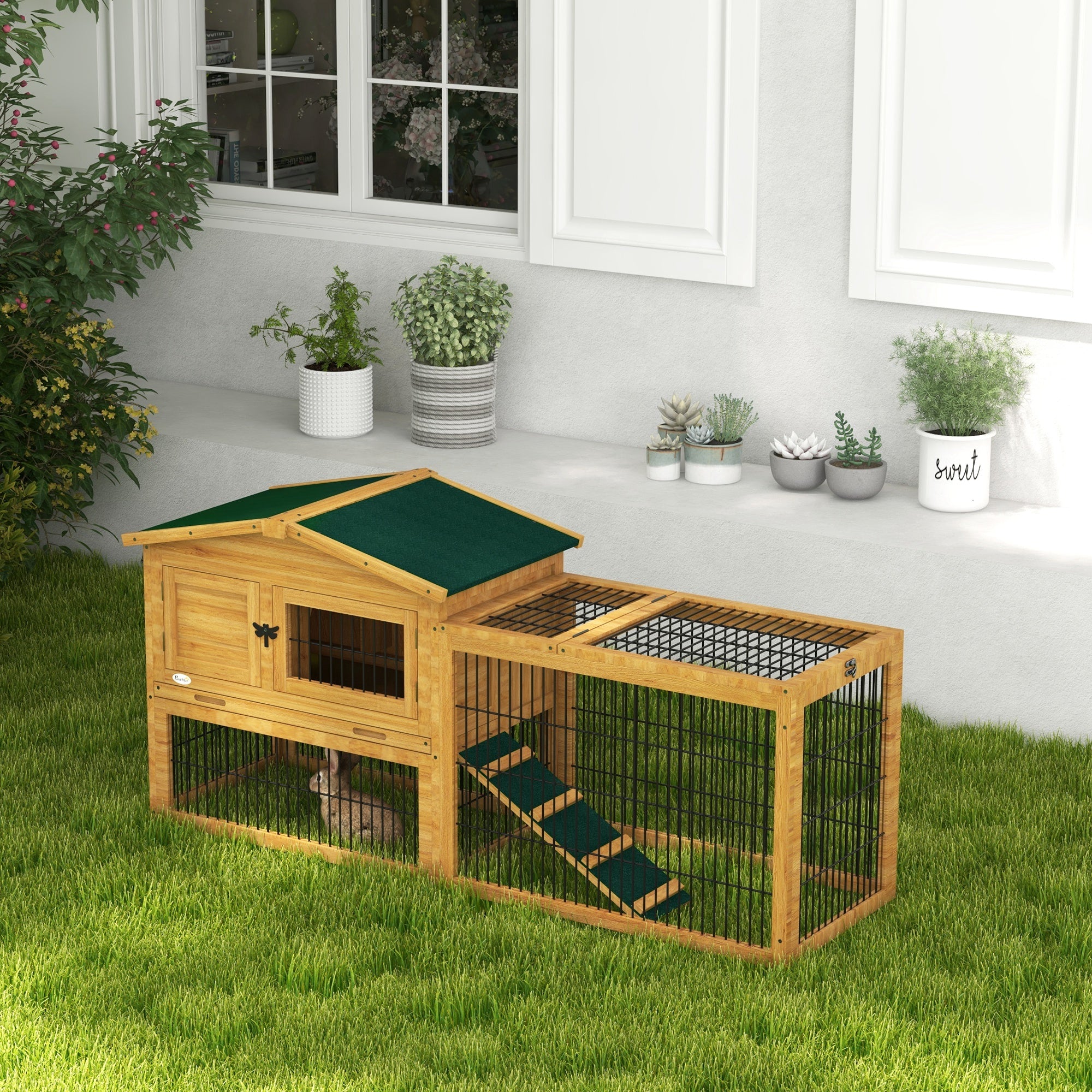 Wood Rabbit Hutch w/ Ramp, Openable Roof, Pull-out Tray, Yellow Rabbit Hutch   at Gallery Canada