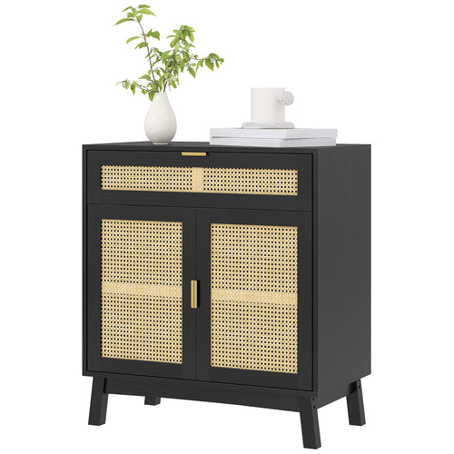 Boho Sideboard Storage Cabinet with Rattan Doors, Black