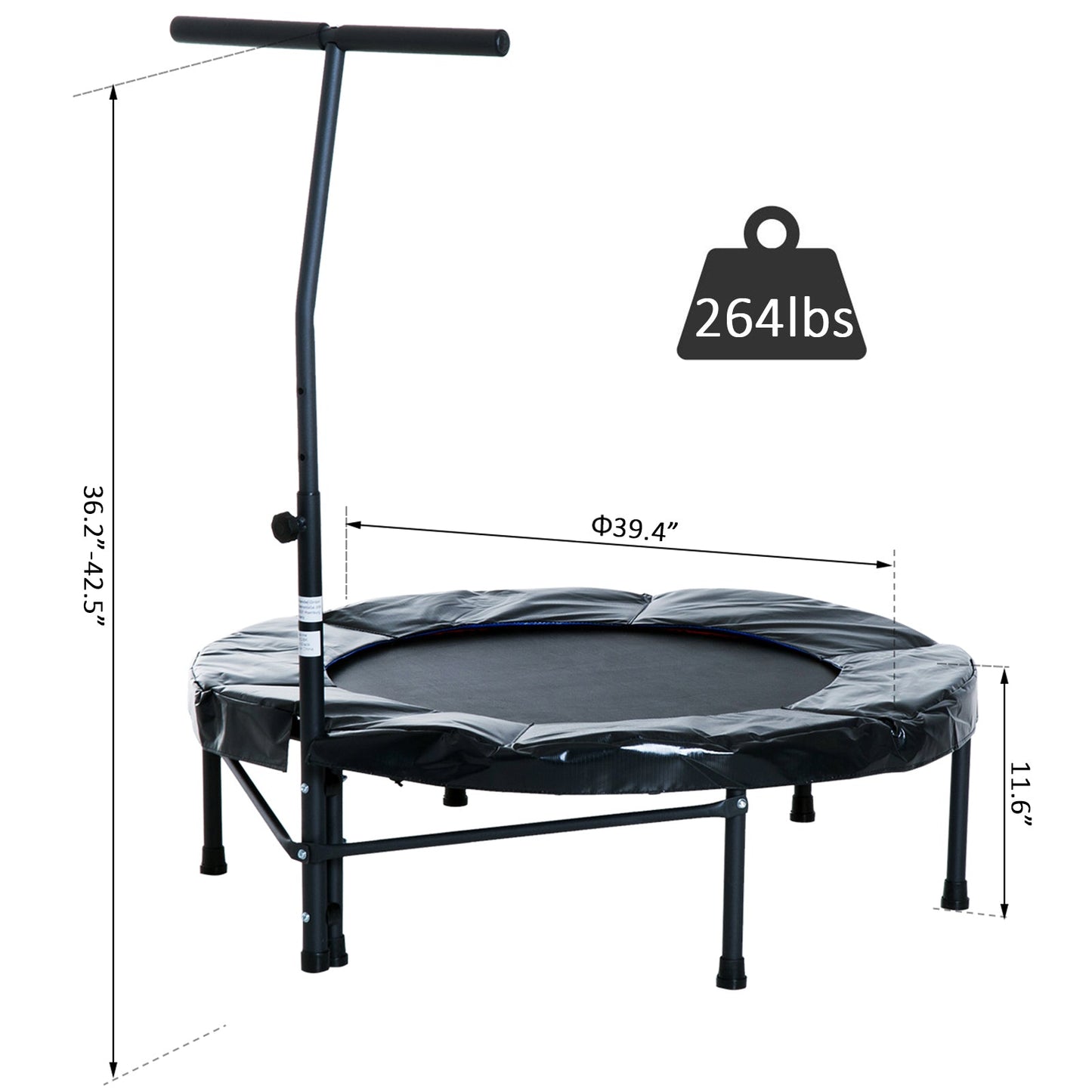 39" Mini Exercise Trampoline Indoor Fitness Rebounder w/ Adjustable T-Bar Black Trampolines   at Gallery Canada