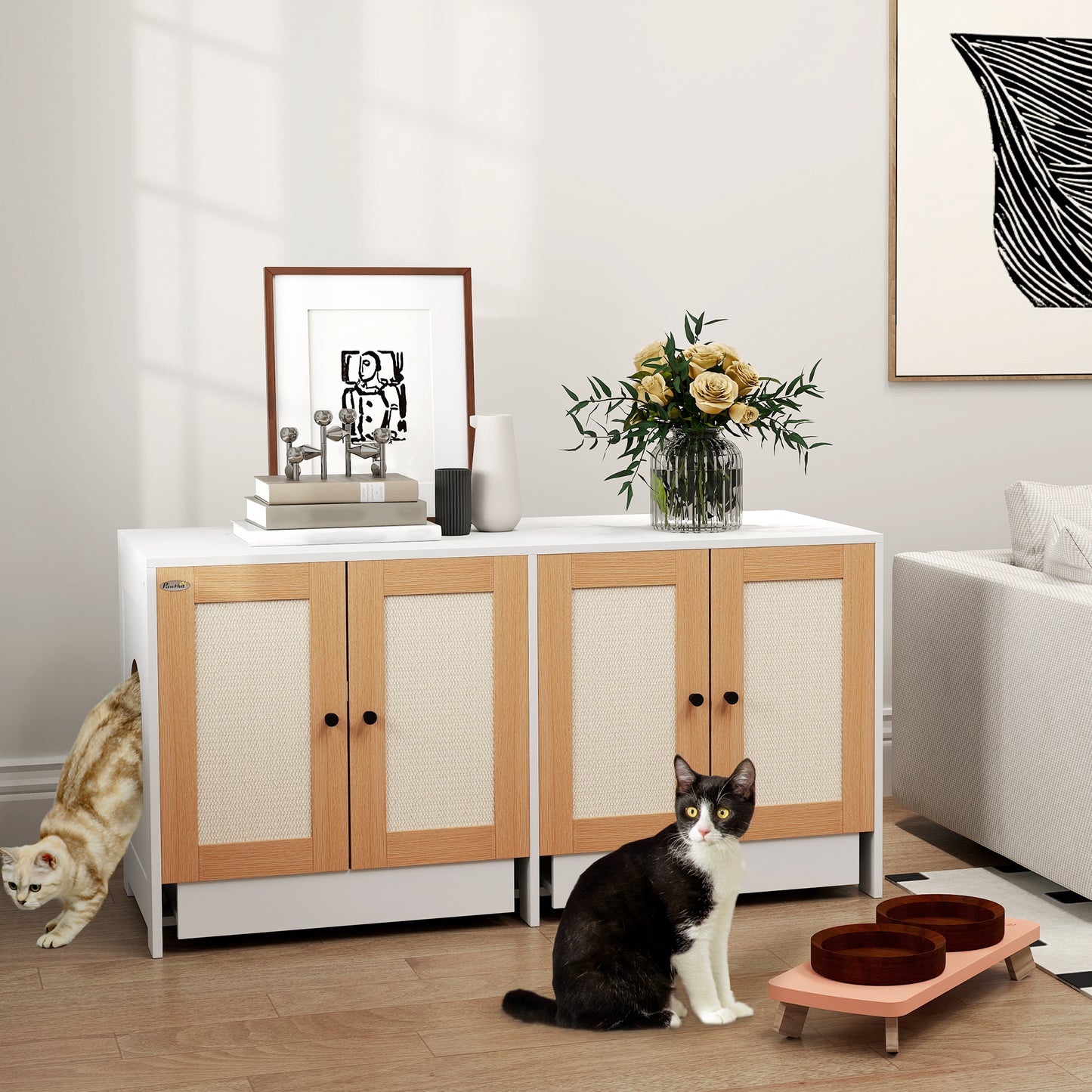 Cat Litter Box Enclosure w/ 2 Cabinets, Scratching Mats, Pull-Out Trays, Hidden Litter Box for 2 Cats, White Cat Litter Box Enclosures   at Gallery Canada