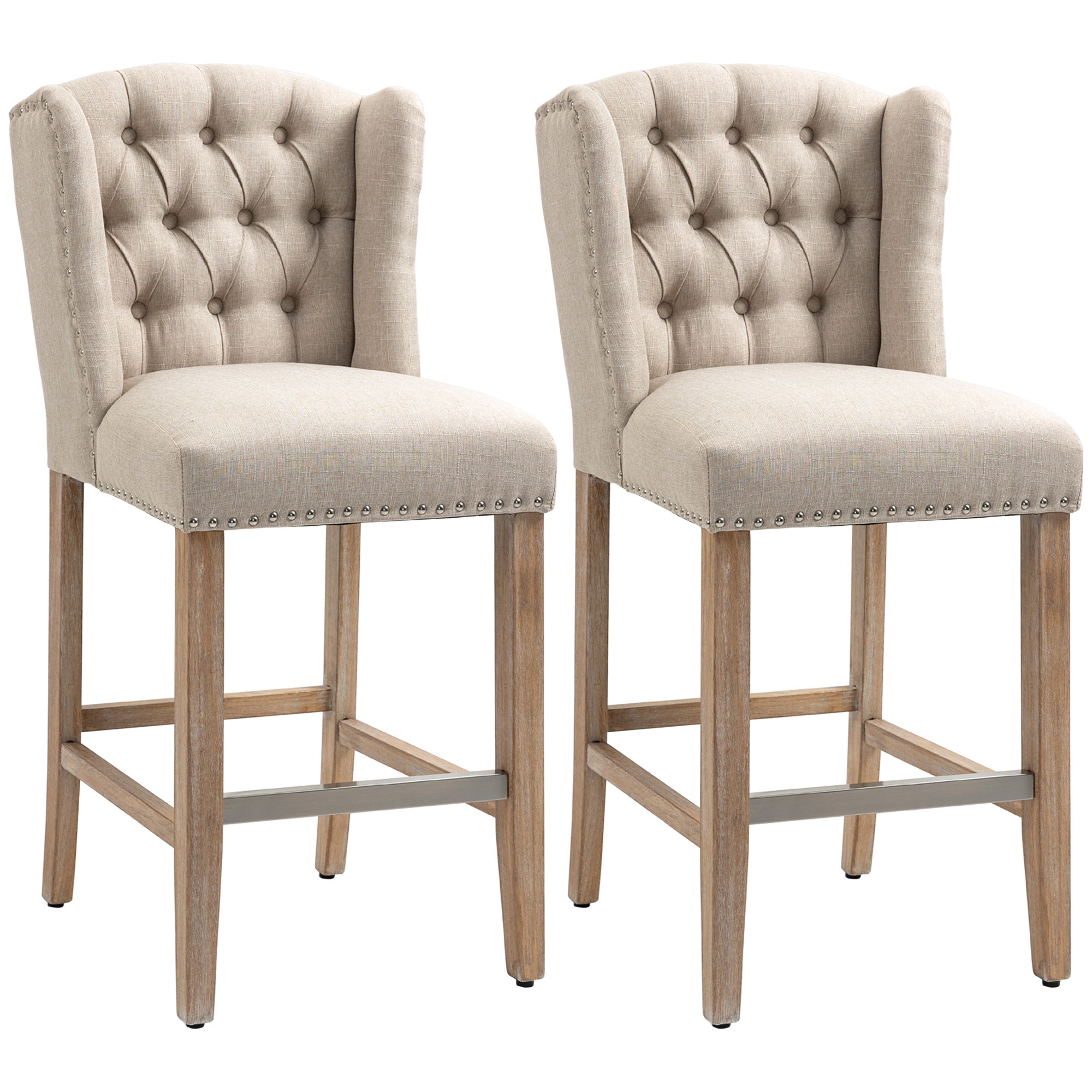 Bar Stools Set of 2, Upholstery Padded Chairs Tufted Nail Head Decoration with Stainless Steel Footrest, Wood Legs for Home Dining Use, Beige Bar Stools Beige  at Gallery Canada