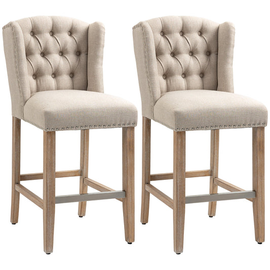 Bar Stools Set of 2, Upholstery Padded Chairs Tufted Nail Head Decoration with Stainless Steel Footrest, Wood Legs for Home Dining Use, Beige - Gallery Canada