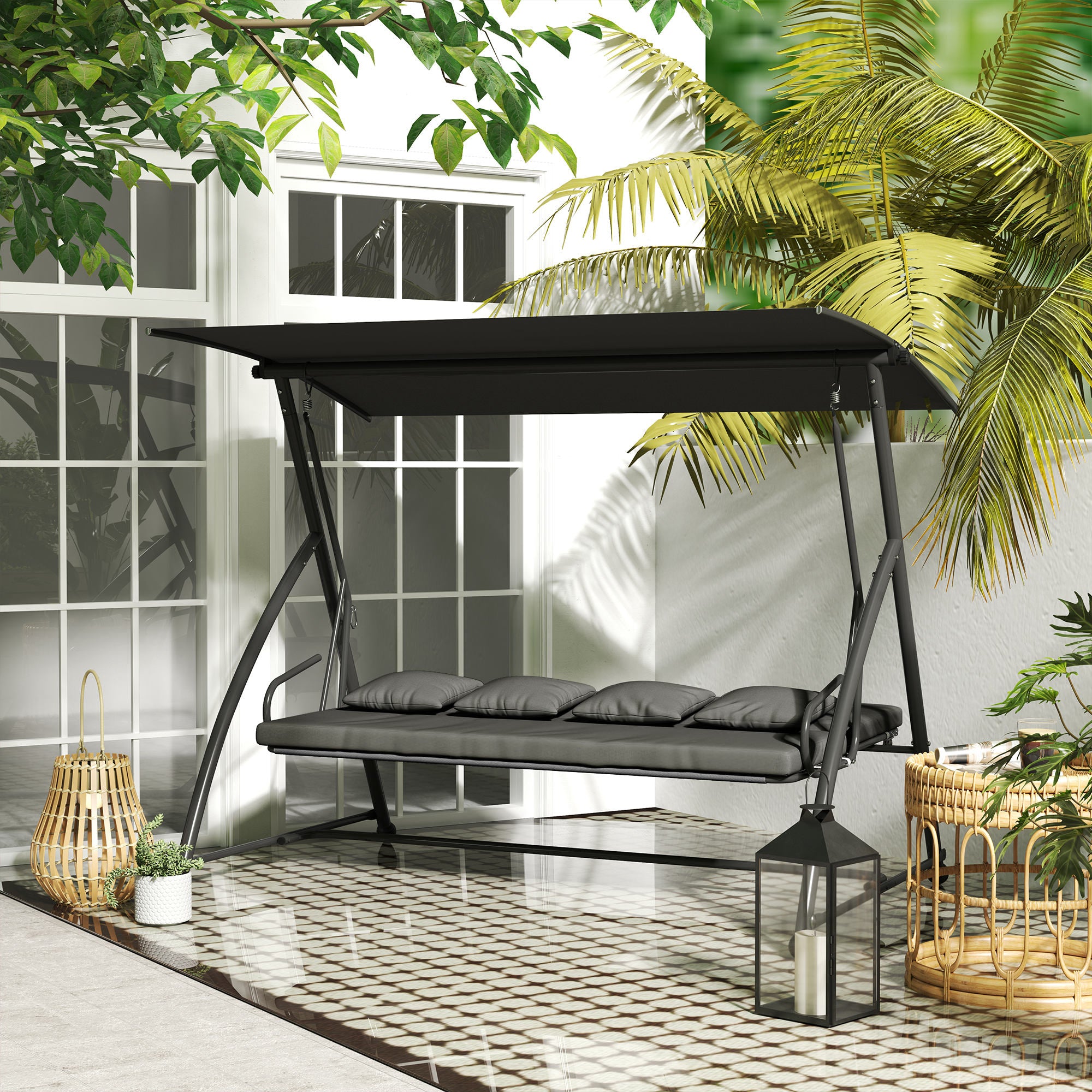 Patio Swing Chair, 3 Person Convertible Hammock, Outdoor Swing Lounge Bed, Cushioned with Tilt Canopy, Dark Grey Porch Swings with Canopy at Gallery Canada