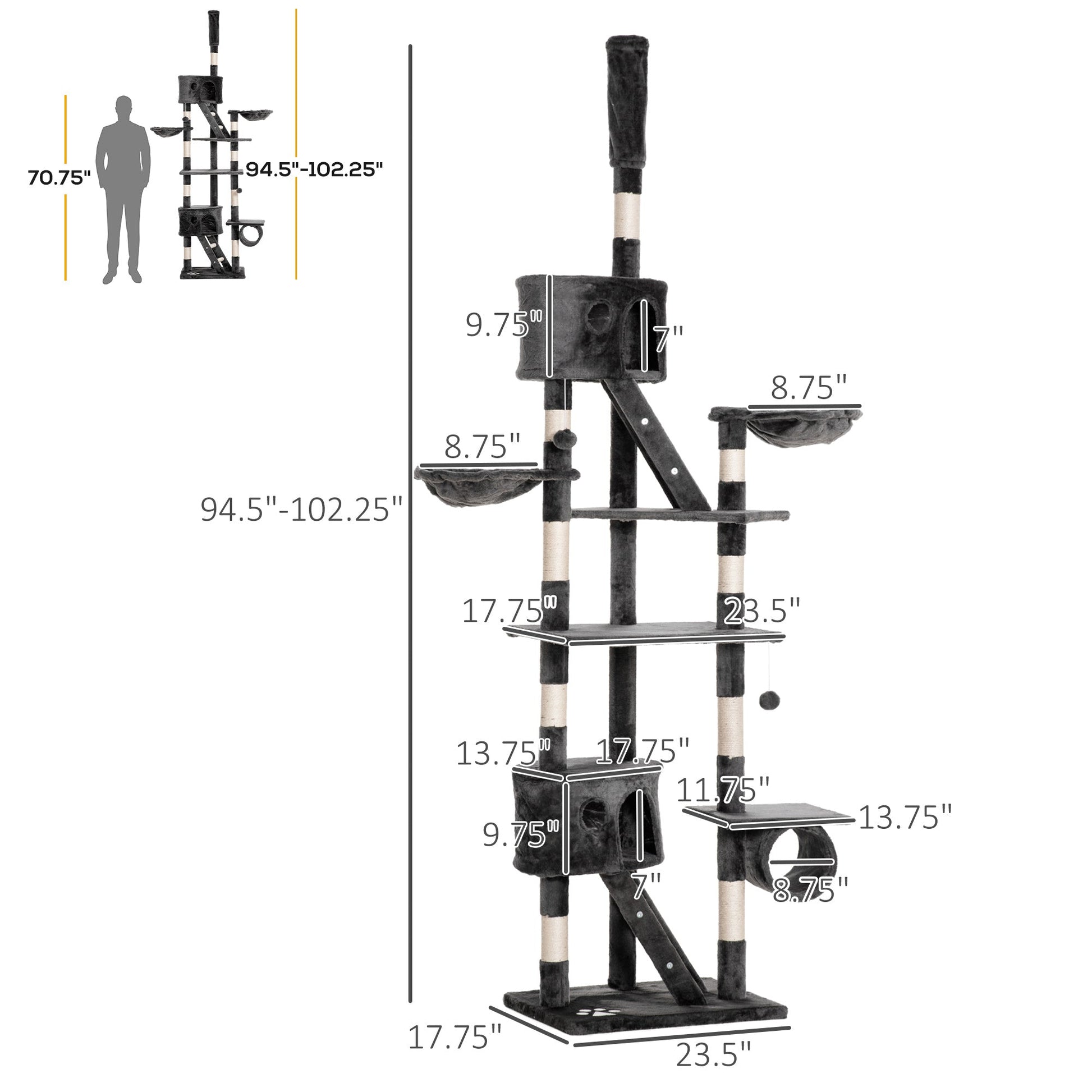 94"-102" Floor to Ceiling Cat Tree High Cat Condo Scratching Post Activity Center Multi-Level Play House Dark Grey Floor to Ceiling Cat Trees Grey  at Gallery Canada