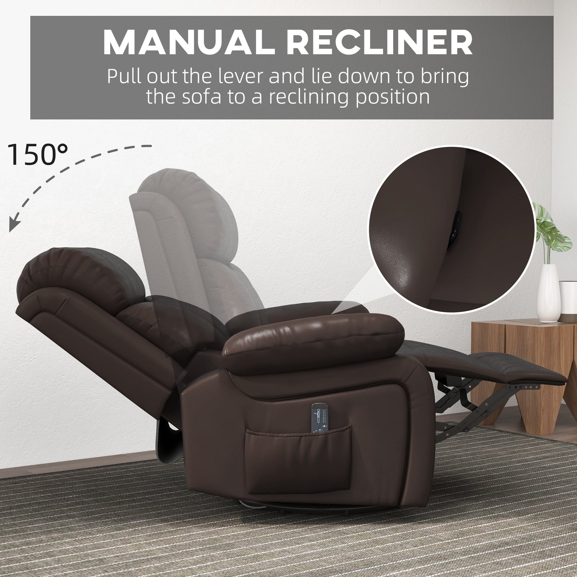 PU Leather Reclining Chair with Vibration Massage Recliner, Swivel Base, Rocking Function, Remote Control, Brown Single Sofas   at Gallery Canada