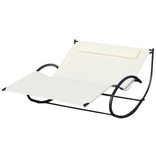Double Chaise Lounger Garden Rocker Sun Bed Outdoor Hammock Chair Texteline with Pillow Cream White
