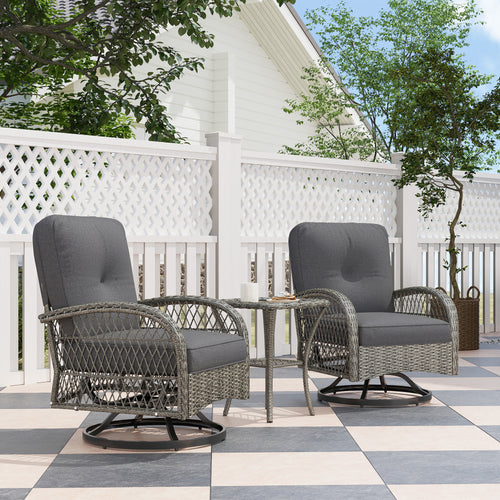 Wicker Balcony Furniture with 2 Swivel Rocking Chairs and 2-Tier Glass Coffee Table, 3 Piece Patio Set for Porch, Grey
