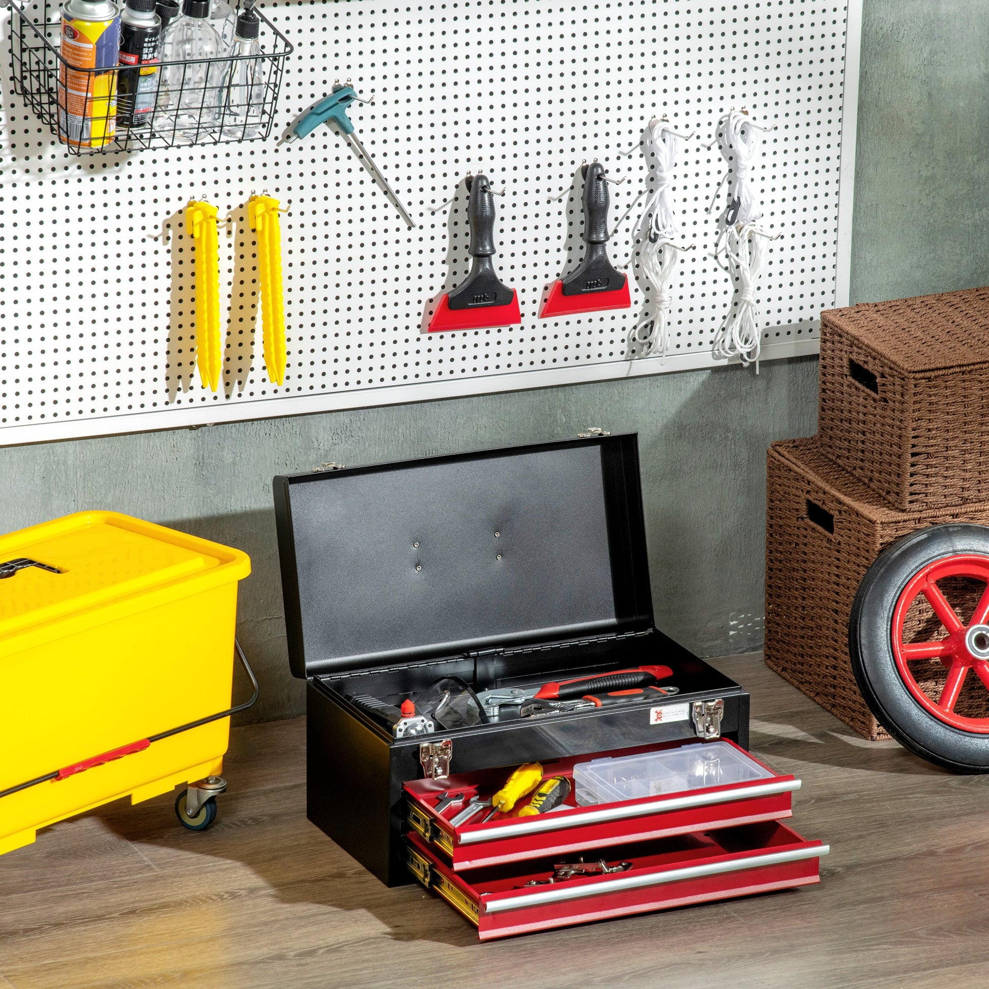 8.7" Tall Portable Metal Tool Box with Metal Latch Closure, 2 Drawer Tool Chest with Ball-bearing Slider for Garage, Household and Warehouse, Red Tool Organizers   at Gallery Canada