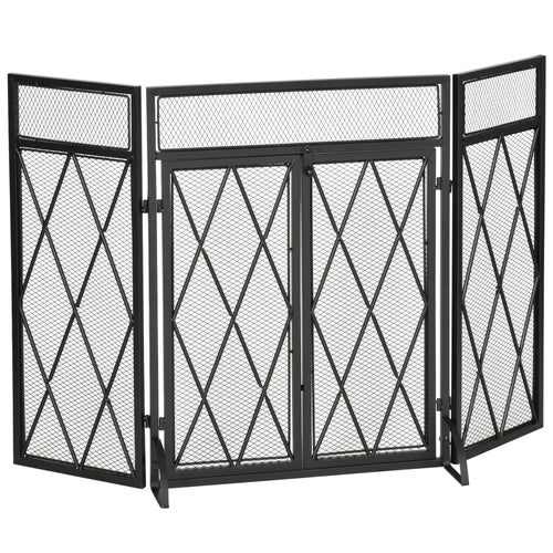 47x31in 3-Panel Fireplace Screen with Double Doors, Steel Mesh Fire Spark Guard Cover for Living Room Indoor Decor, Black