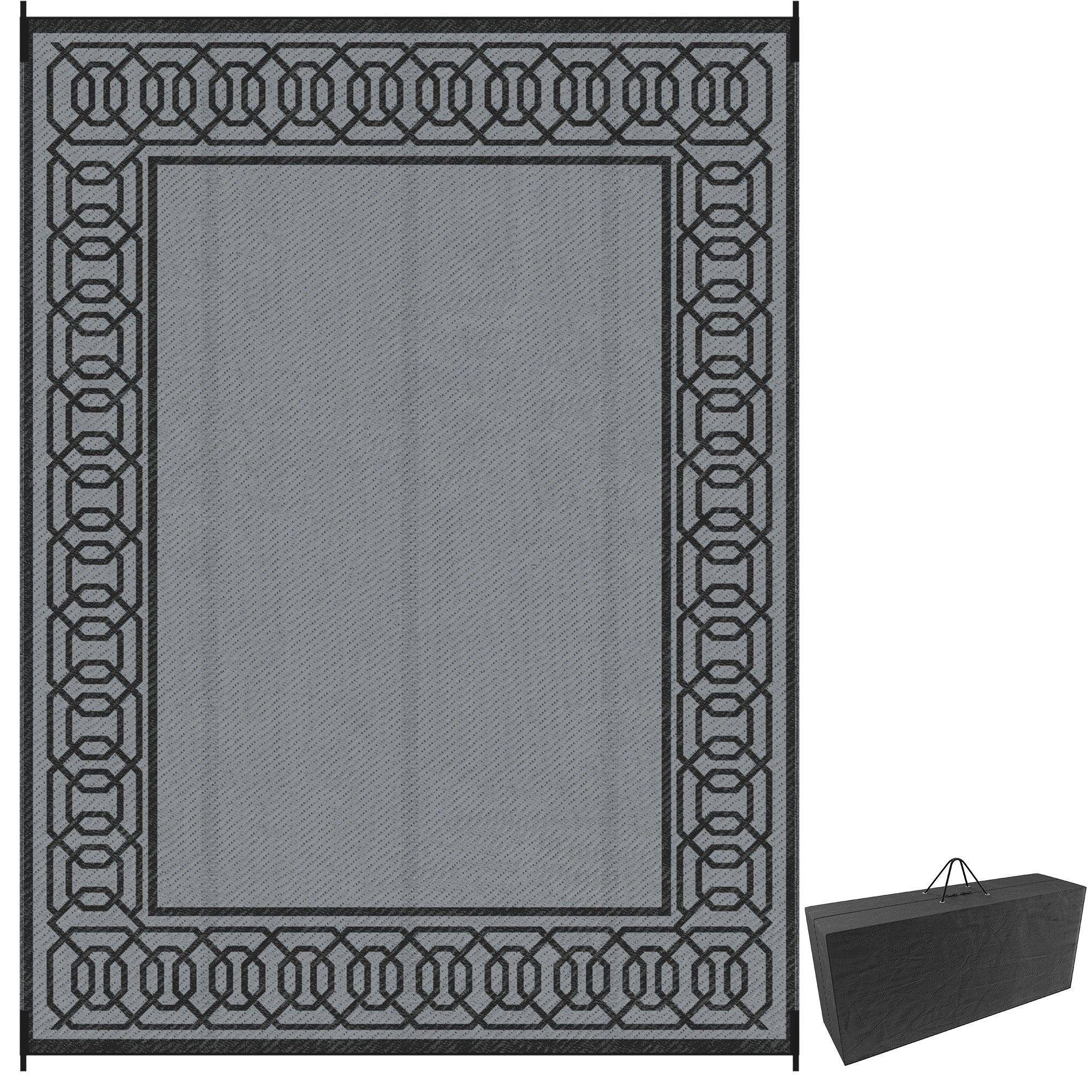 Portable Outdoor Rug with Carrying Bag, 9' x 12' Reversible Mat, Waterproof Plastic Straw RV Rug for Backyard, Deck, Picnic, Beach, Camping, Black and Grey Outdoor Reversible Rugs Black and Grey at Gallery Canada