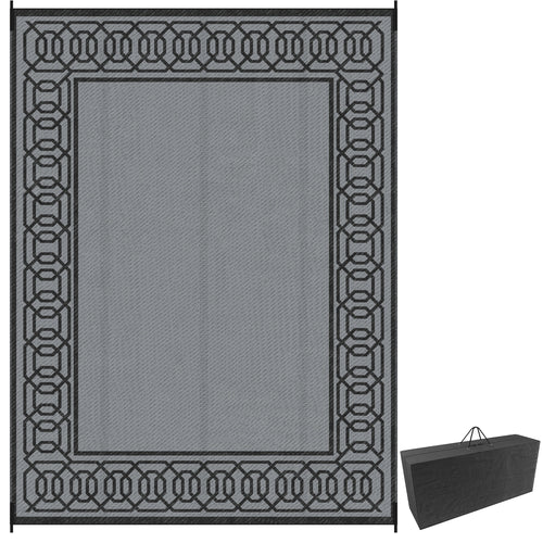 Portable Outdoor Rug with Carrying Bag, 9' x 12' Reversible Mat, Waterproof Plastic Straw RV Rug for Backyard, Deck, Picnic, Beach, Camping, Black and Grey