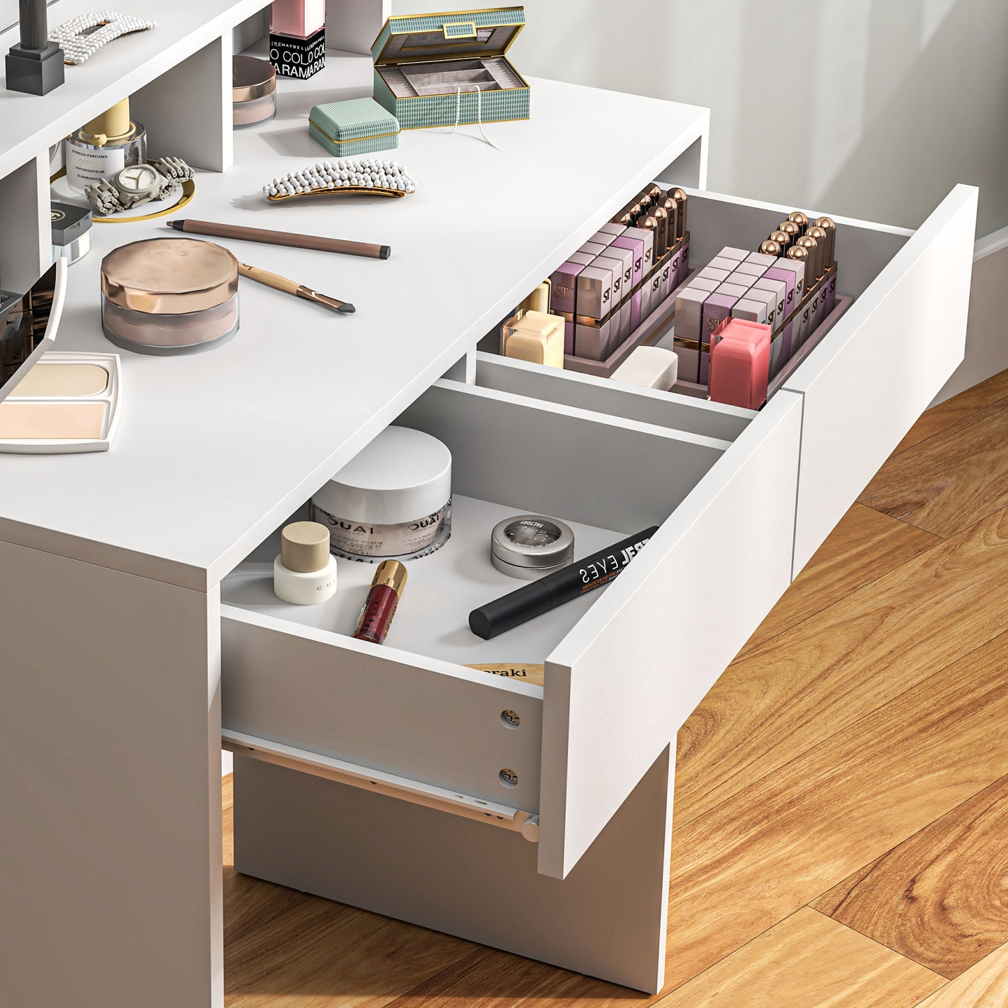 Makeup Vanity Desk with Mirror, for Bedroom, Modern Dressing Table with Drawers, Compartments, White Dressing & Vanity Tables   at Gallery Canada