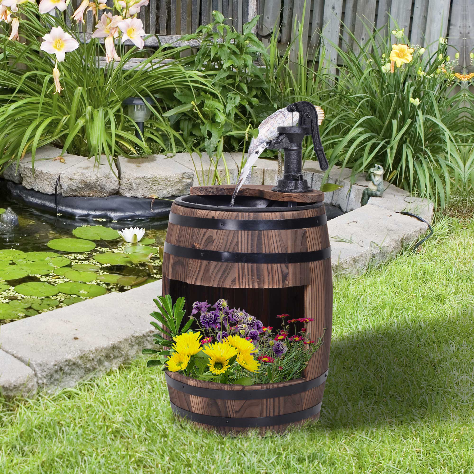 Wooden Outdoor Fountain, Electrical Barrel Waterfall with 3600r/min Speed Pump for Patio, Backyard, Carbonized Water Fountains at Gallery Canada