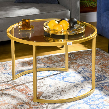 Round Coffee Table Set of 2, Modern Nesting Tables with Tempered Glass Top and Steel Frame for Living Room, Gold Coffee Tables   at Gallery Canada