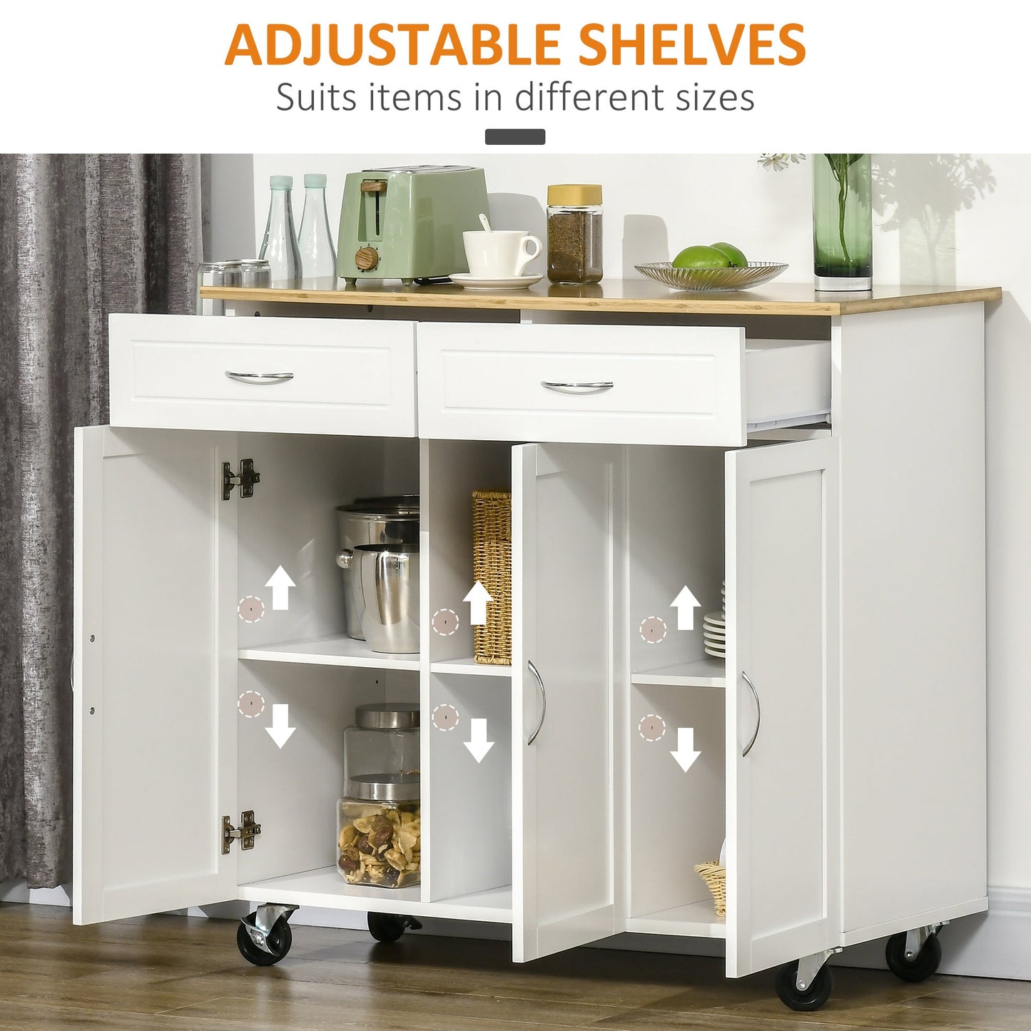 Rolling Kitchen Island Cart on Wheels with Large Bamboo Countertop, 2 Cabinets with Drawers, Adjustable Shelves, White Kitchen Islands & Kitchen Carts   at Gallery Canada