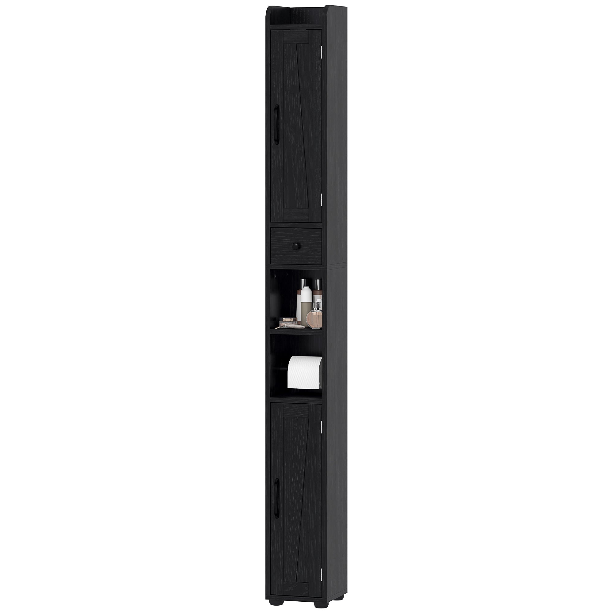 Narrow Bathroom Cabinet, Tall Bathroom Storage Cabinet with Barn Doors, Drawer and Adjustable Shelves, Black Wood Grain Bathroom Cabinets Black Wood Grain at Gallery Canada