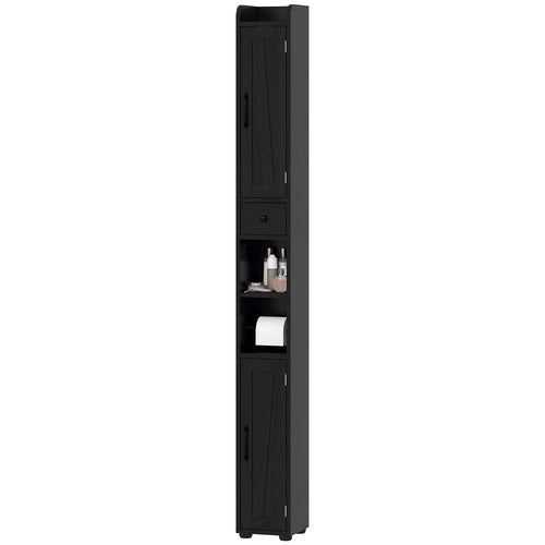 Narrow Bathroom Cabinet, Tall Bathroom Storage Cabinet with Barn Doors, Drawer and Adjustable Shelves, Black Wood Grain