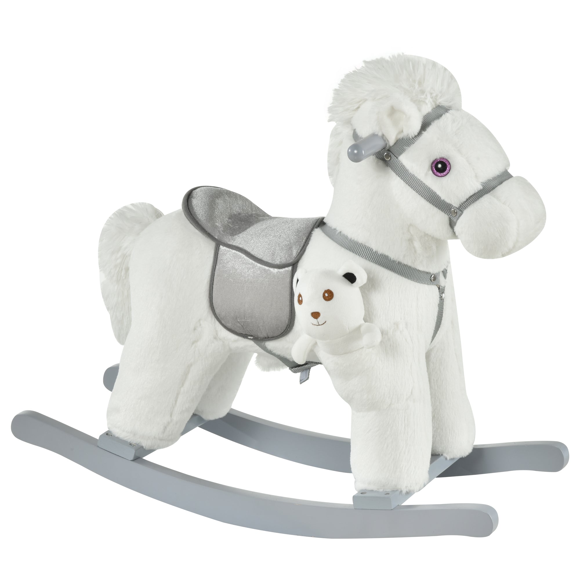 Kids Plush Ride-On Rocking Horse with Bear Toy, Children Chair with Soft Plush Toy &; Fun Realistic Sounds, White Rocking Horses White at Gallery Canada
