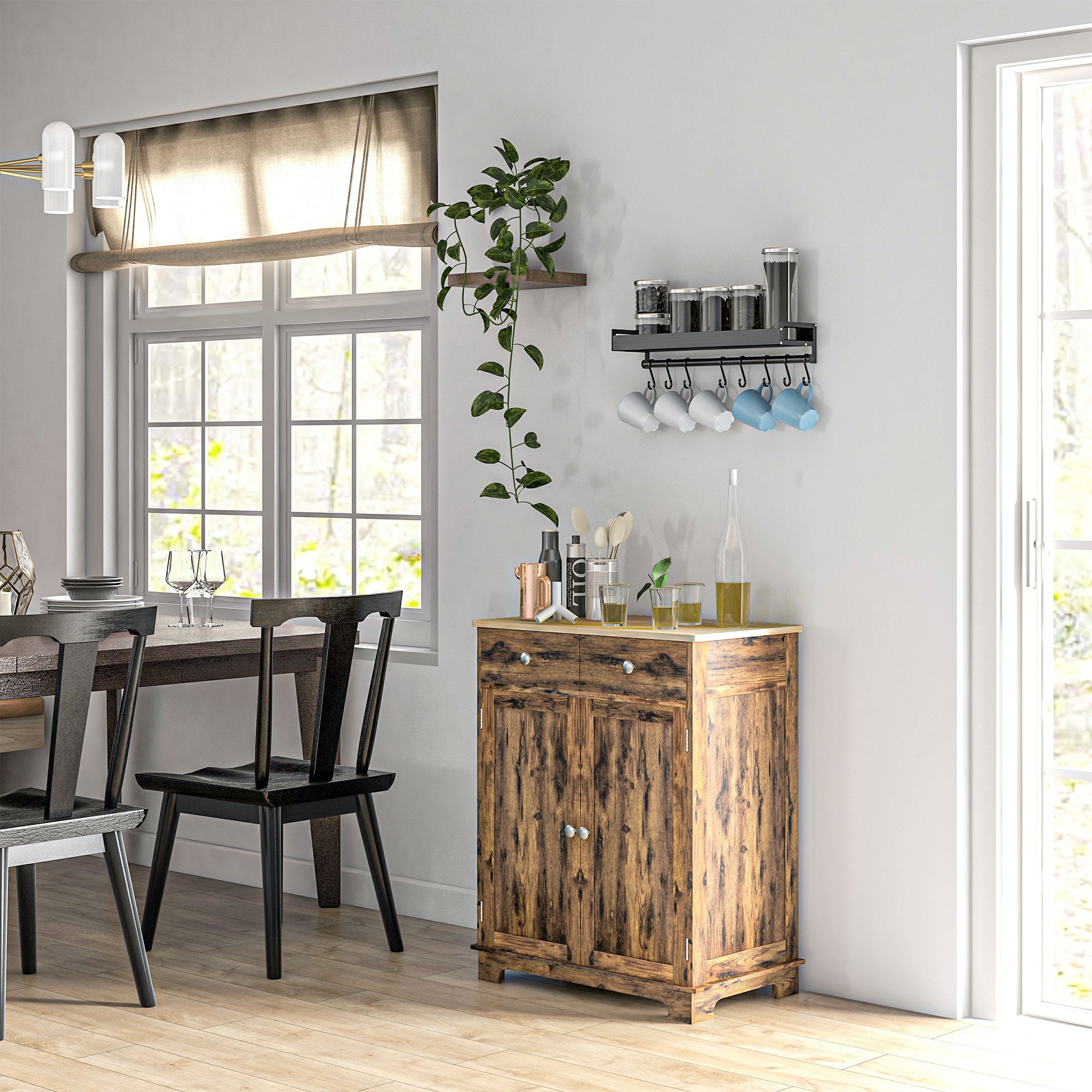 Kitchen Storage Cabinet with Adjustable Shelf, 2 Drawers and 2 Doors, Sideboard Buffet Cabinet, Rustic Brown Storage Cabinets   at Gallery Canada