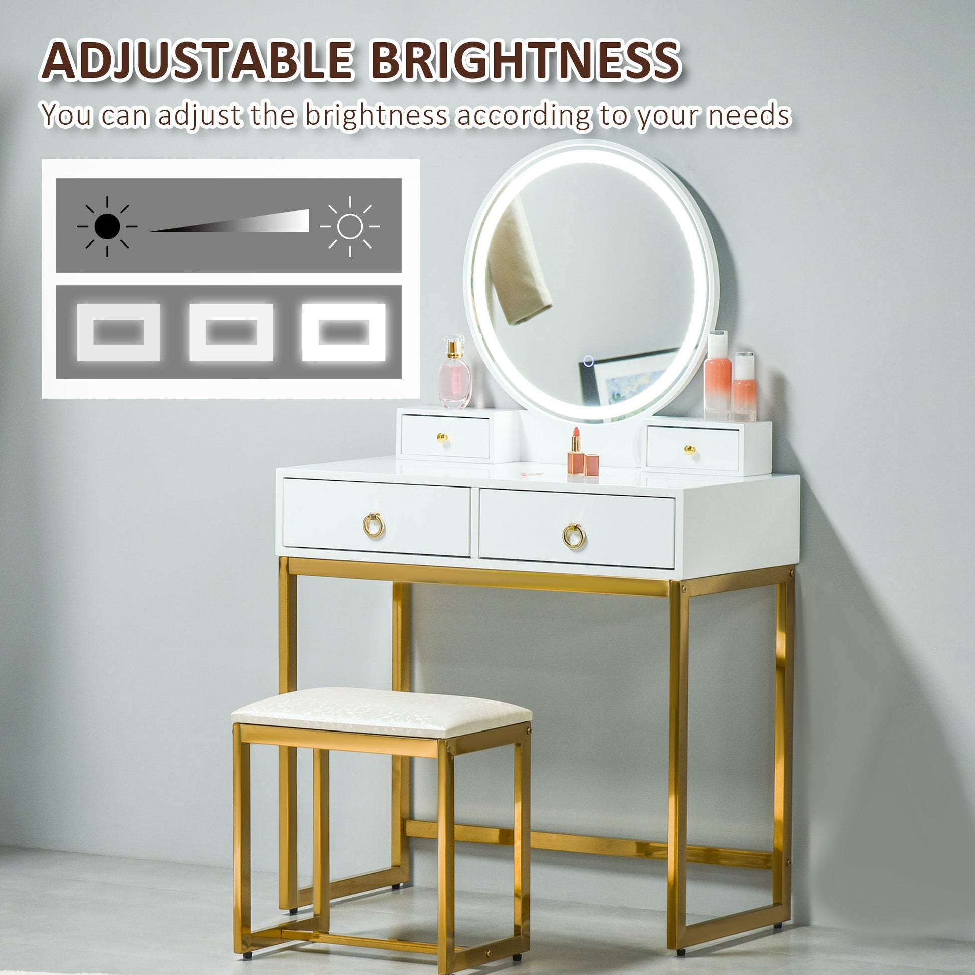Makeup Vanity Table Set with 3-Color Touch Screen Dimmable Lighted Mirror, Dressing Desk with 4 Drawers and Cushioned Stool for Bedroom, White Dressing & Vanity Tables   at Gallery Canada