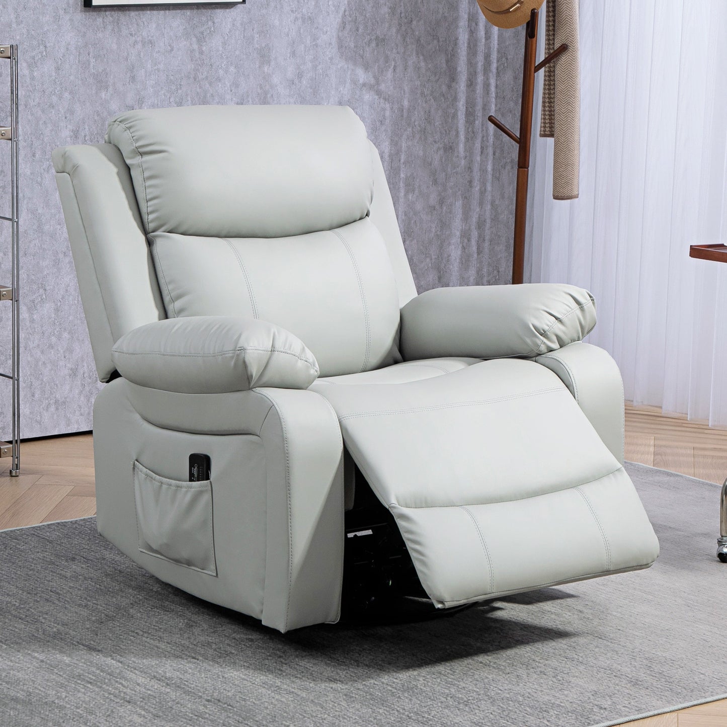 PU Leather Reclining Chair with Vibration Massage Rocker, Swivel Base, Rocking Function, Remote Control, Light Grey Sofas & Reclining Chairs at Gallery Canada