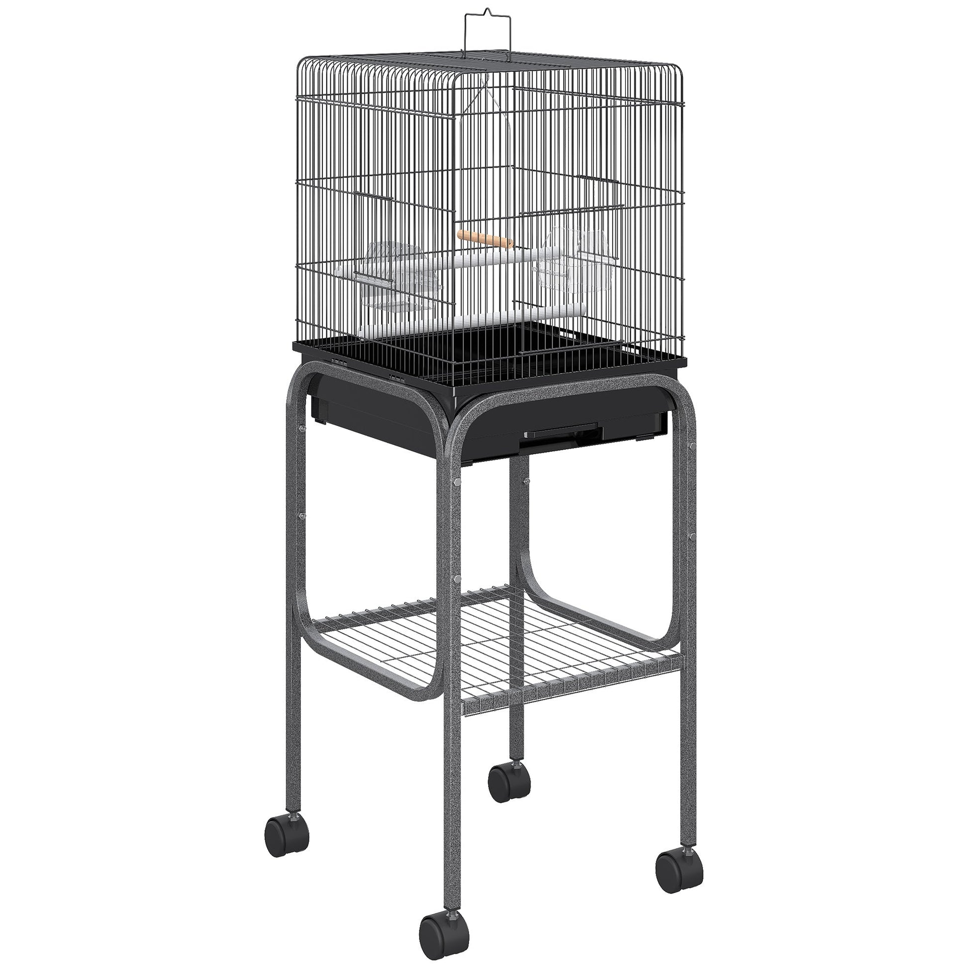 44.5"H Metal Bird Cage Parrot Play Spot Stand with Wheel, Storage Shelf, Multi-doors - Black Bird Cages Black  at Gallery Canada