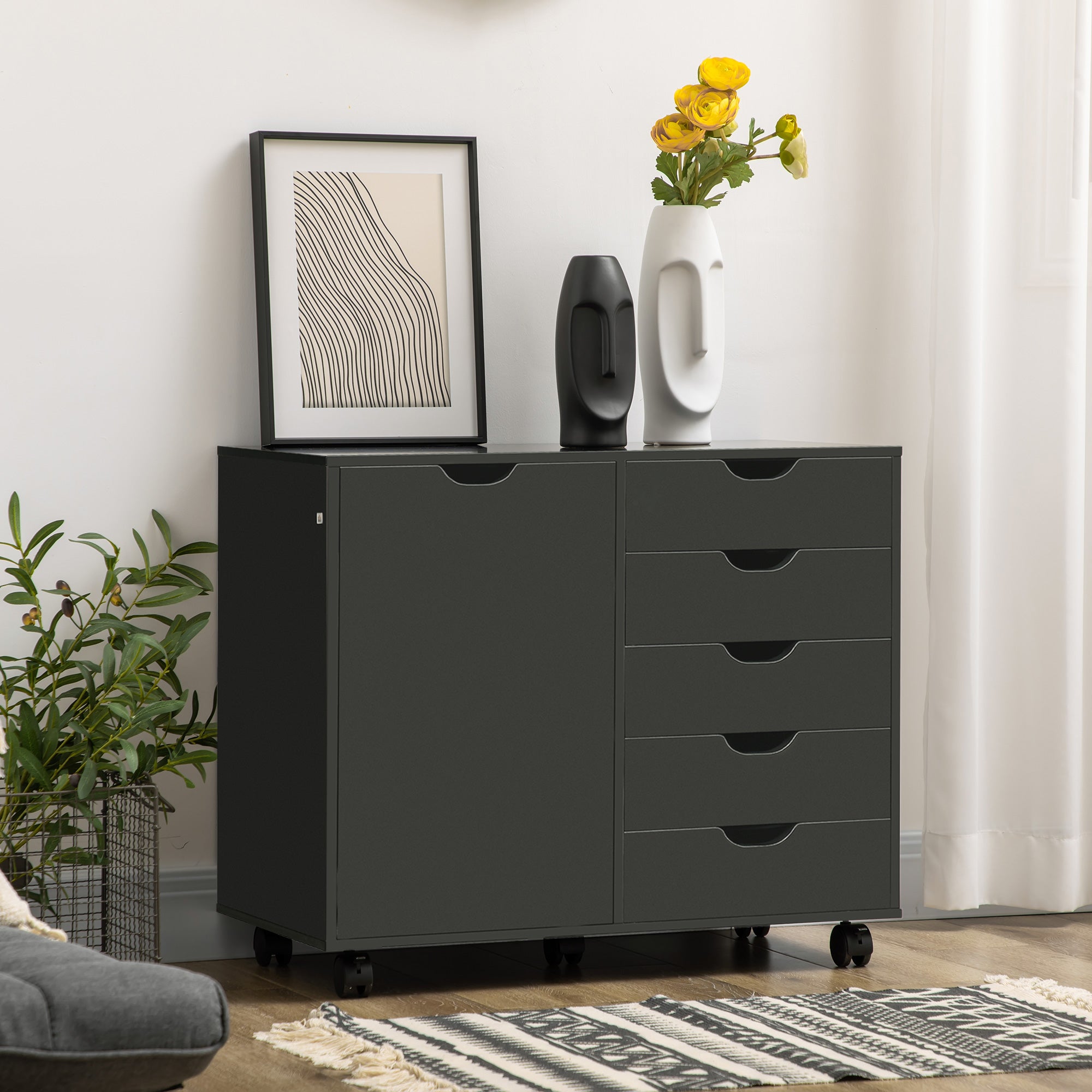 Lateral Filing Cabinet, 5-Drawers File Cabinet with Door and Adjustable Shelf, Mobile Office Storage Cabinet on Wheels, Printer Stand for Home Office, Black Storage Cabinets at Gallery Canada