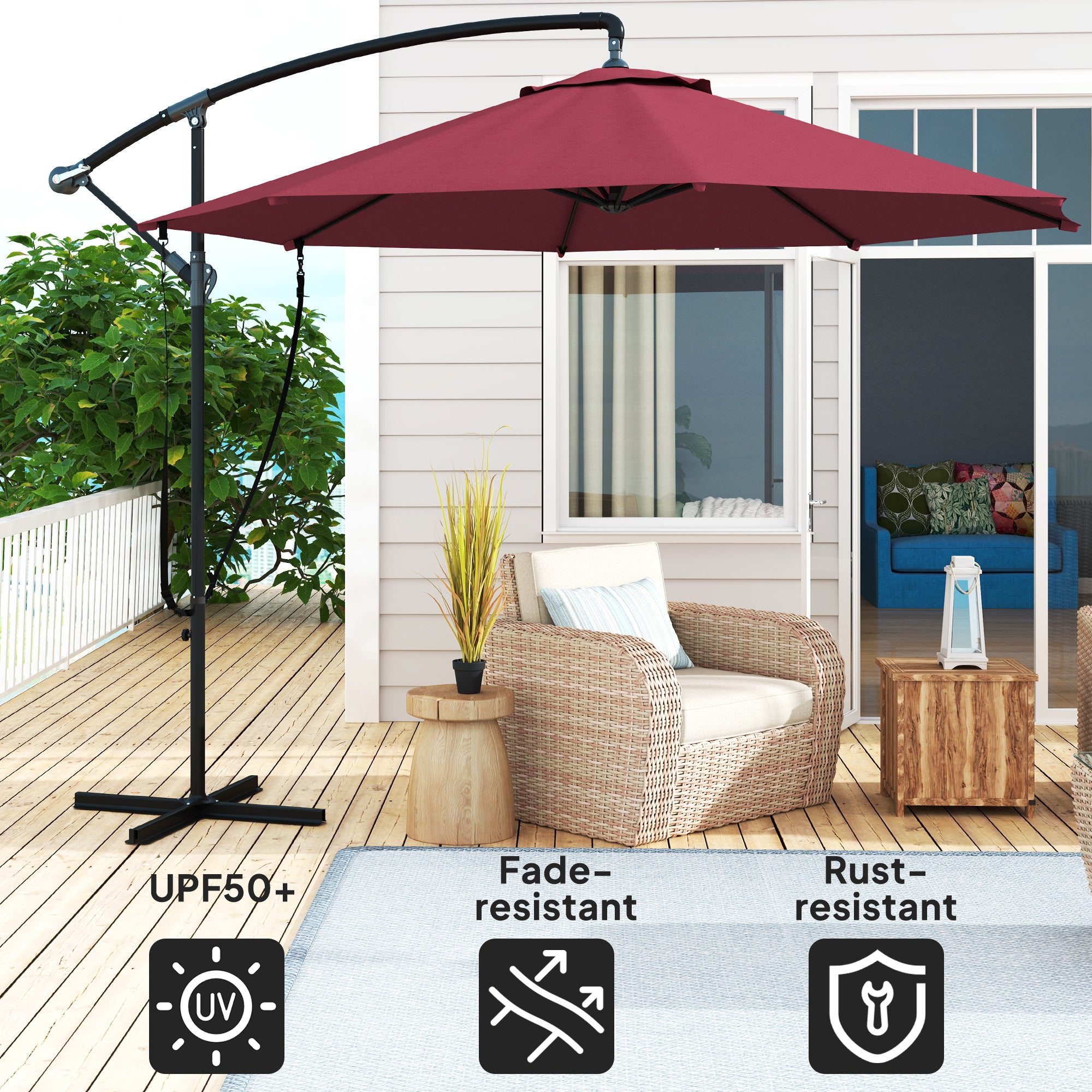 9.5' Cantilever Umbrella with Wind Protection Strap and Cover, Hanging Umbrella with Crank and Cross Base, UPF 50+, Red Offset Cantilever Umbrellas at Gallery Canada