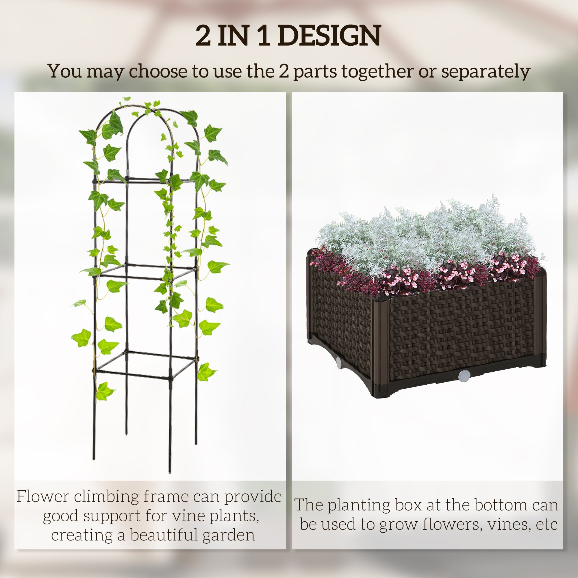 Raised Garden Bed with Trellis, Plastic Planter Box with Self-Watering Disk, Drainage Holes for Climbing Plants Elevated Garden Beds at Gallery Canada