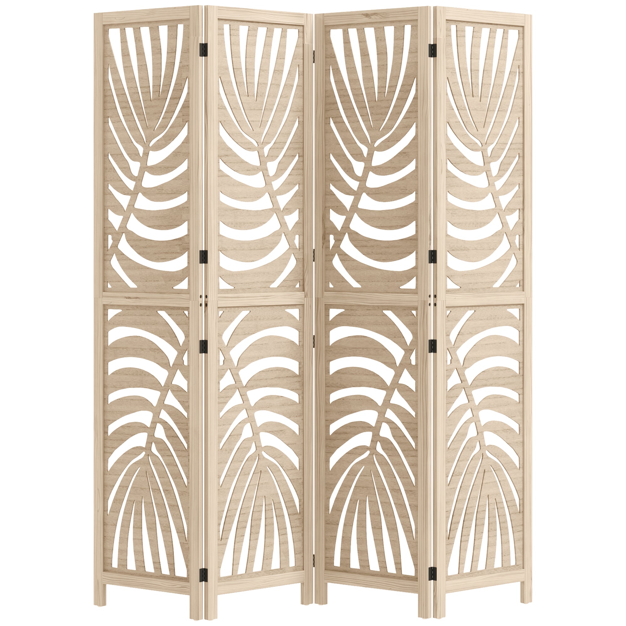 4 Panel Room Divider, Detachable Folding Privacy Screens with Palm Leaf Design for Home Office, Natural Wood Finish Room Dividers Natural at Gallery Canada
