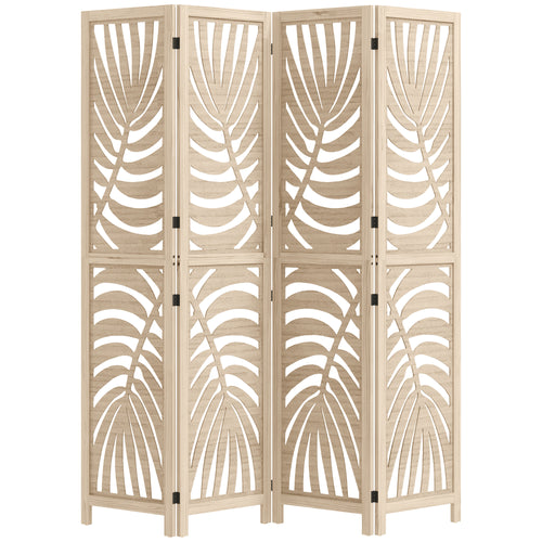 4 Panel Room Divider, Detachable Folding Privacy Screens with Palm Leaf Design for Home Office, Natural Wood Finish
