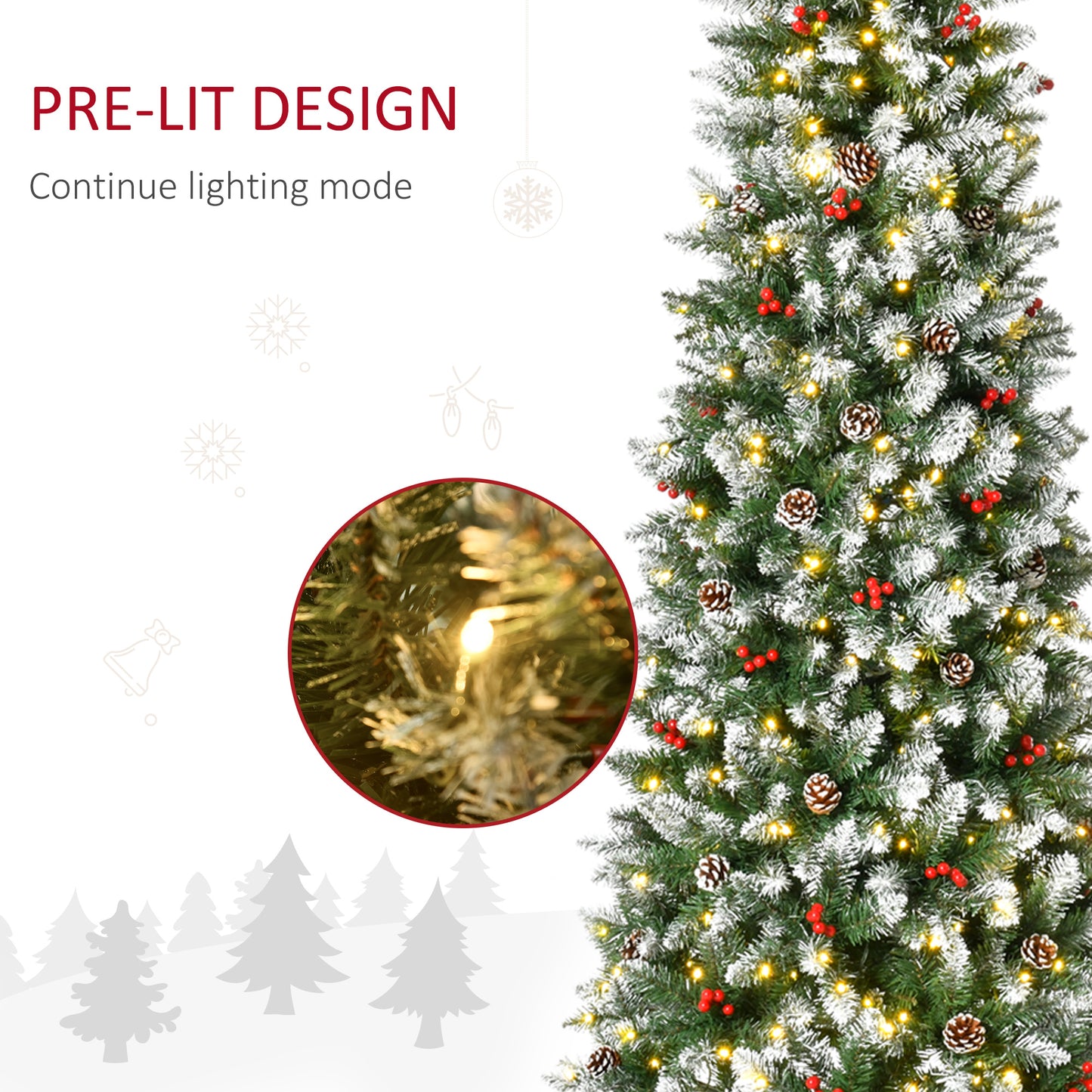 7.5 ft Snow-Dipped Pencil Christmas Tree Pre-Lit Holiday Decoration with LED Lights Pine Cones Red Berries Green Pencil Christmas Trees   at Gallery Canada