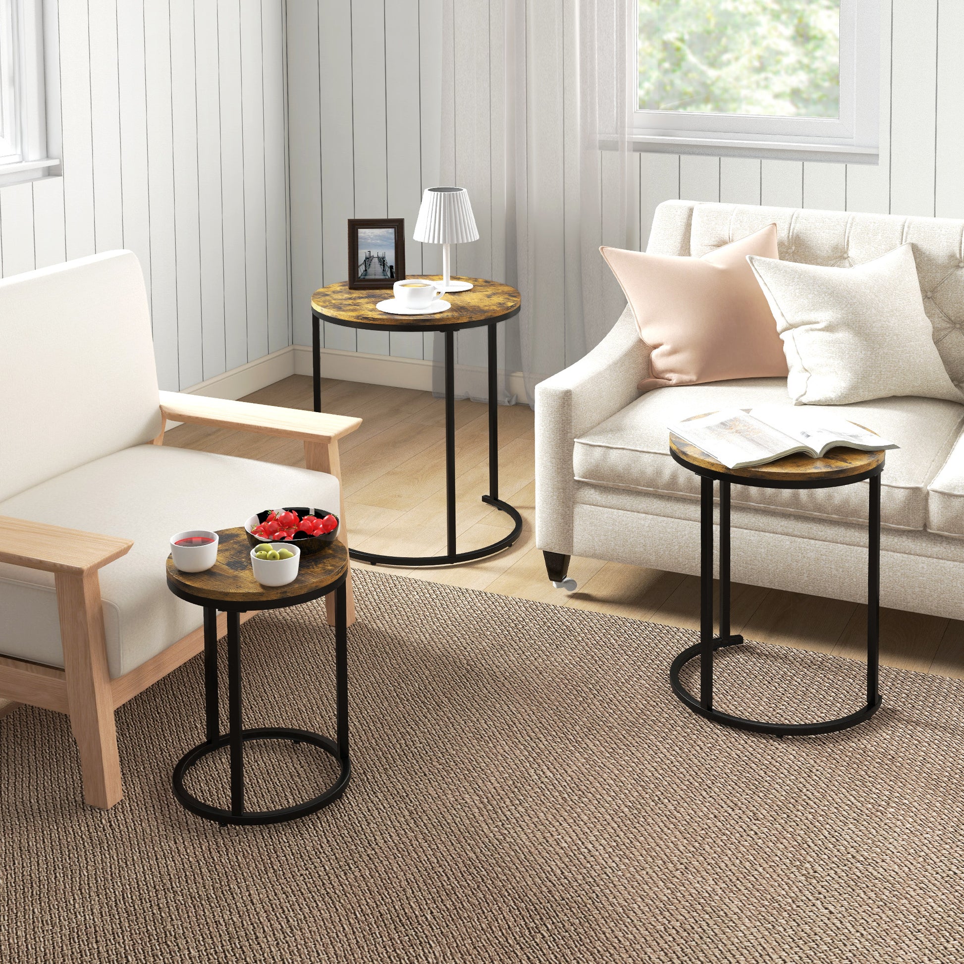 Nesting Coffee Tables Set of 3, Stacking Round Side Tables with Steel Frame for Living Room, Rustic Brown Side Tables Rustic Brown  at Gallery Canada