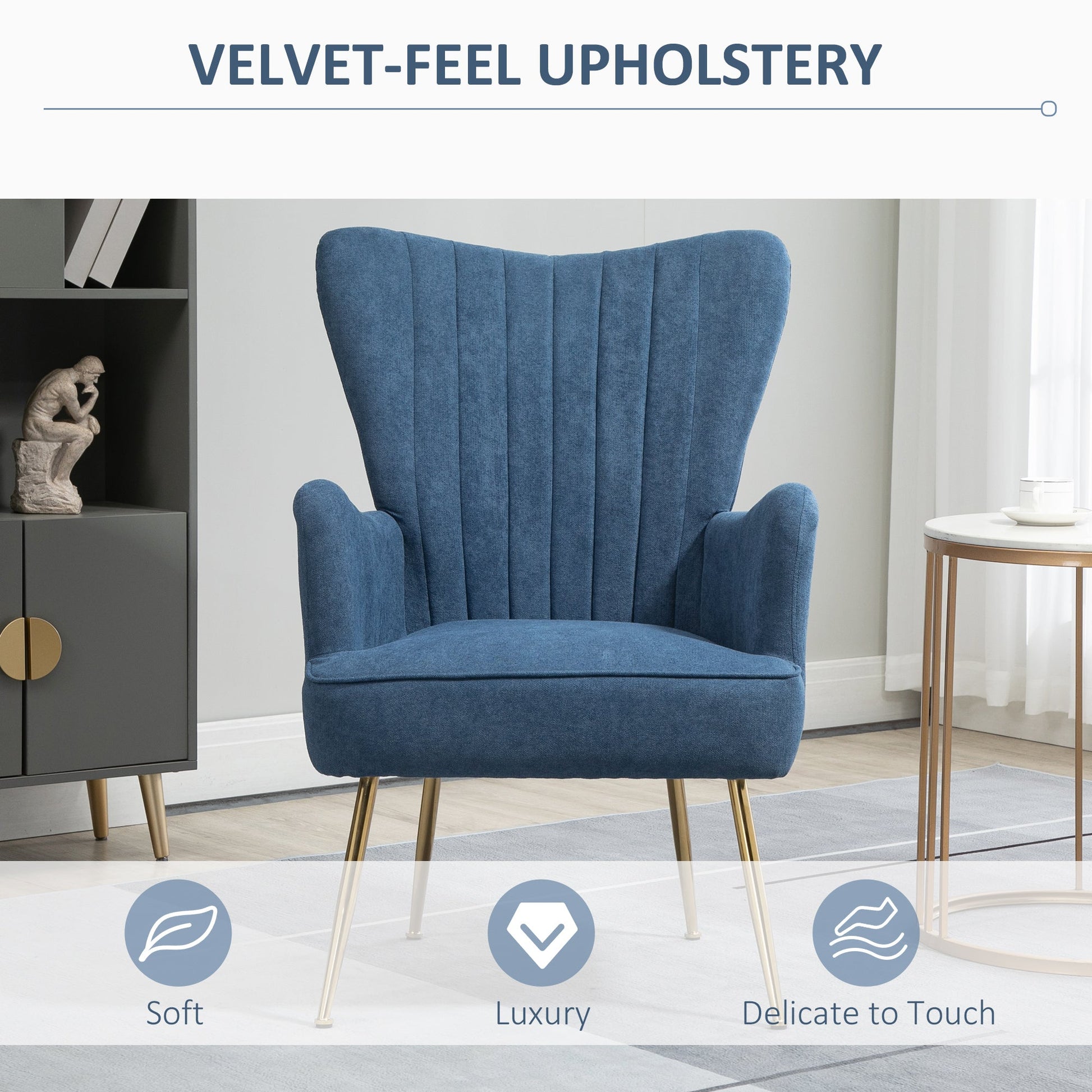 Velvet Accent Chairs, Modern Living Room Chair, Tall Back Leisures Chair with Steel Legs for Bedroom, Dinning Room, Waiting Room, Blue Accent Chairs   at Gallery Canada