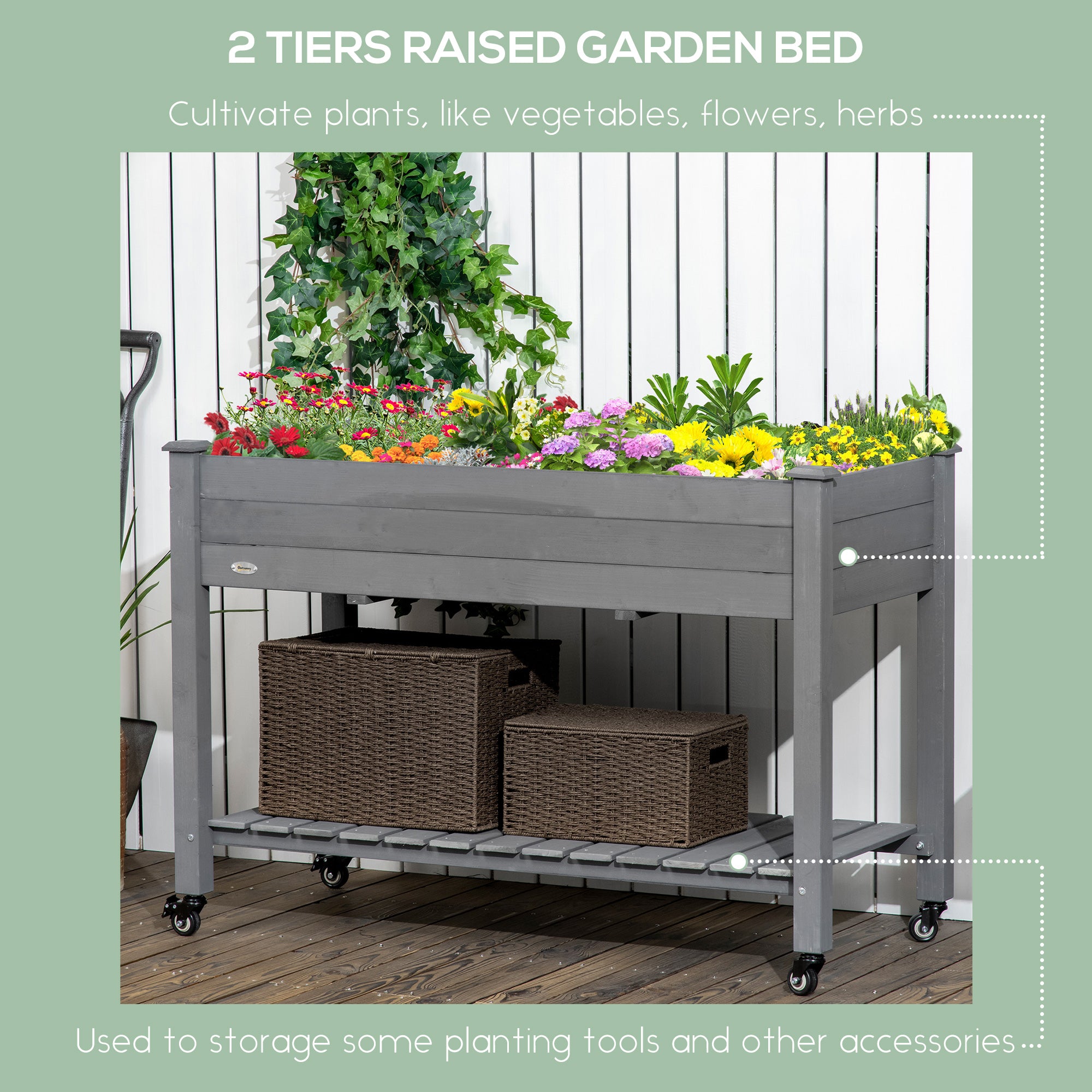 Mobile Raised Garden Bed Elevated Wood Planter Box w/ Lockable Wheels, Storage Shelf for Herbs Vegetables, Dark Grey Elevated Garden Beds at Gallery Canada