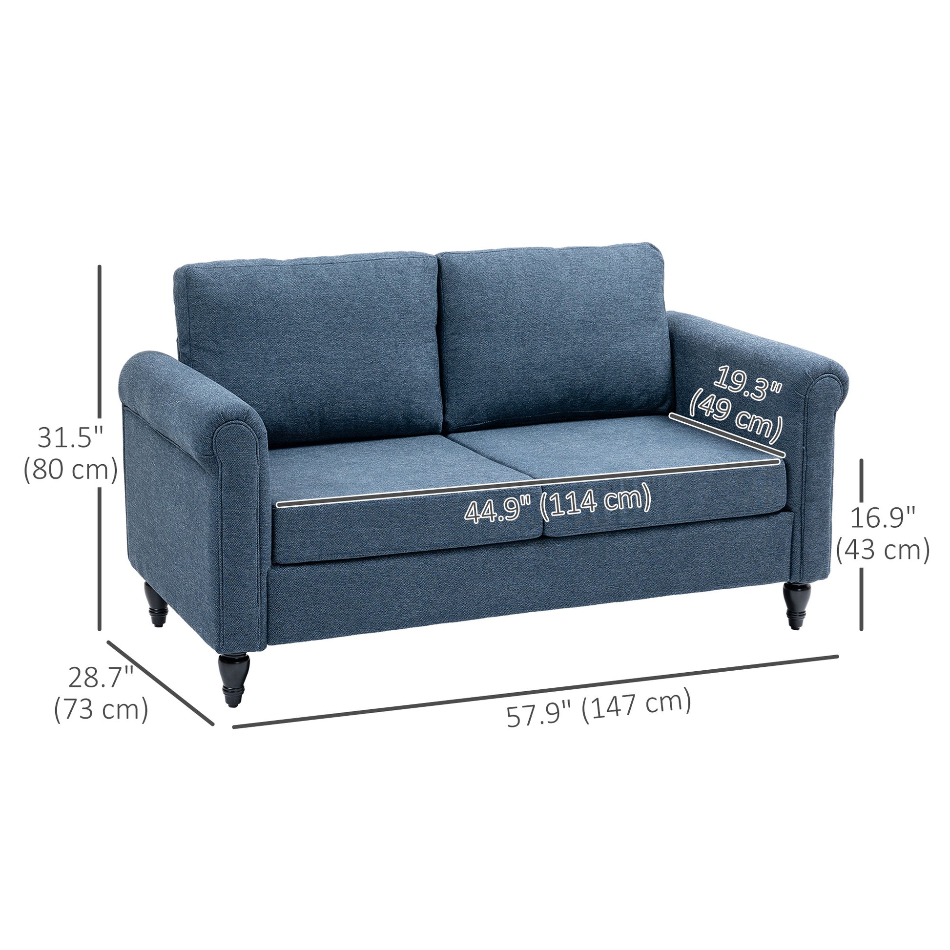 Vintage Loveseat, Upholstered Love Seat Furniture, Fabric 2 Seater Sofa with Rolled Arms, Rubber Wood Legs, Dark Blue 2-Seater Sofas at Gallery Canada