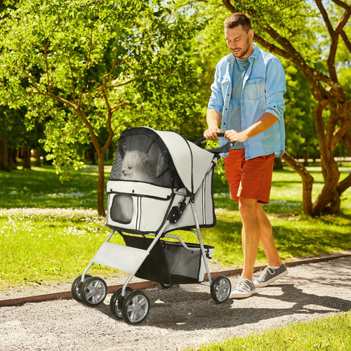 4 Wheel Dog Pet Stroller Dog Cat Carrier Folding Sunshade Canopy with Brake, Grey