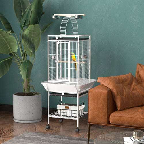 61.5 Inch Bird Cage Parakeet House for Cockatiel with Stand, Pull Out Tray, Play Top, Storage Shelf, Wood Perch, Food Container