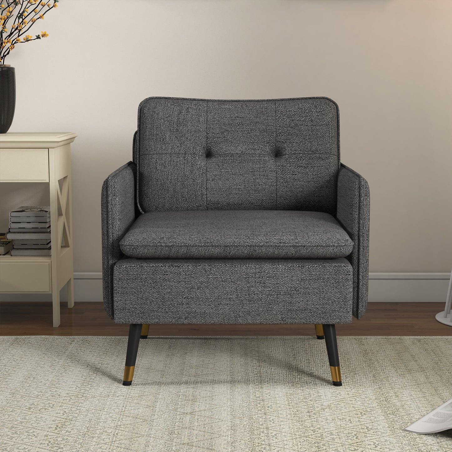 Modern Armchair, Upholstered Accent Chair with Tufted Back Cushion and Steel Legs for Living Room, Bedroom, Dark Grey Accent Chairs   at Gallery Canada