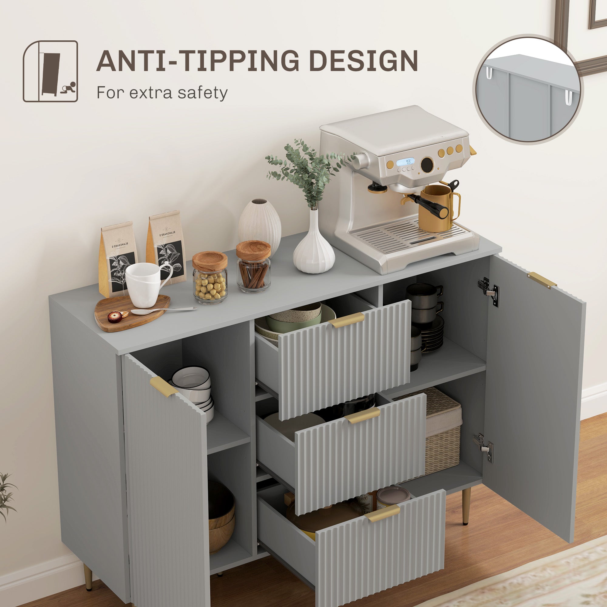 Modern Kitchen Storage Cabinet, Sideboard Buffet Cabinet w/ 3 Drawers and Adjustable Shelves for Kitchen Hallway, Grey Bar Cabinets   at Gallery Canada