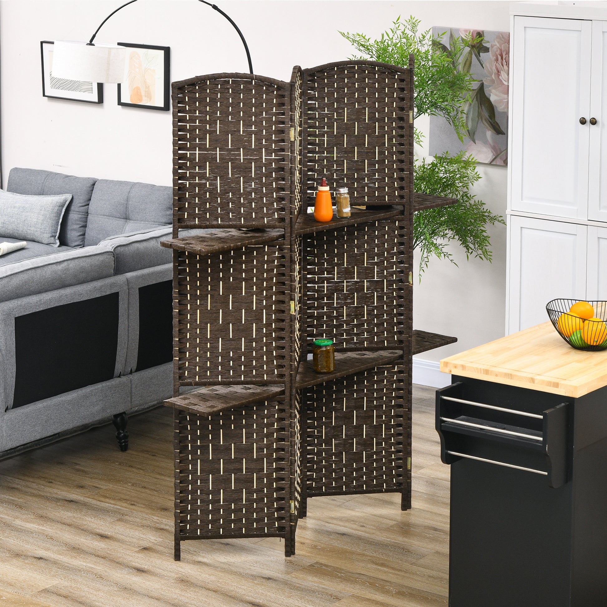 5.6 Ft Tall Folding Room Divider with Storage Shelves, 4 Panel Portable Privacy Screen for Home Office, Bedroom, Brown Room Dividers   at Gallery Canada