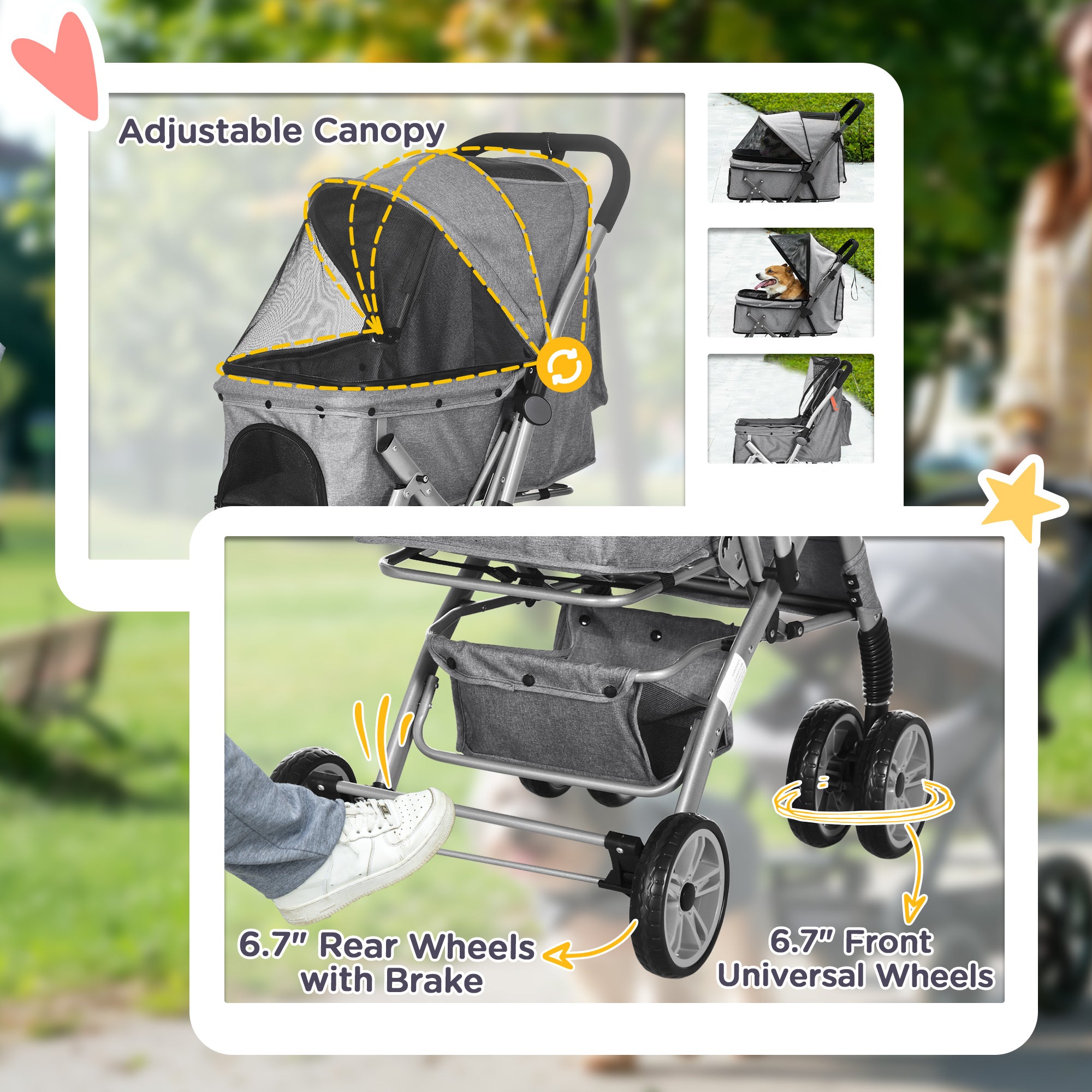 4 Wheels Pet Stroller w/ Reversible Handle, Foldable Dog Cat Travel Carriage w/ EVA Wheels Basket Storage Bag 3-stage Canopy Grey Dog Bike Trailers & Strollers at Gallery Canada