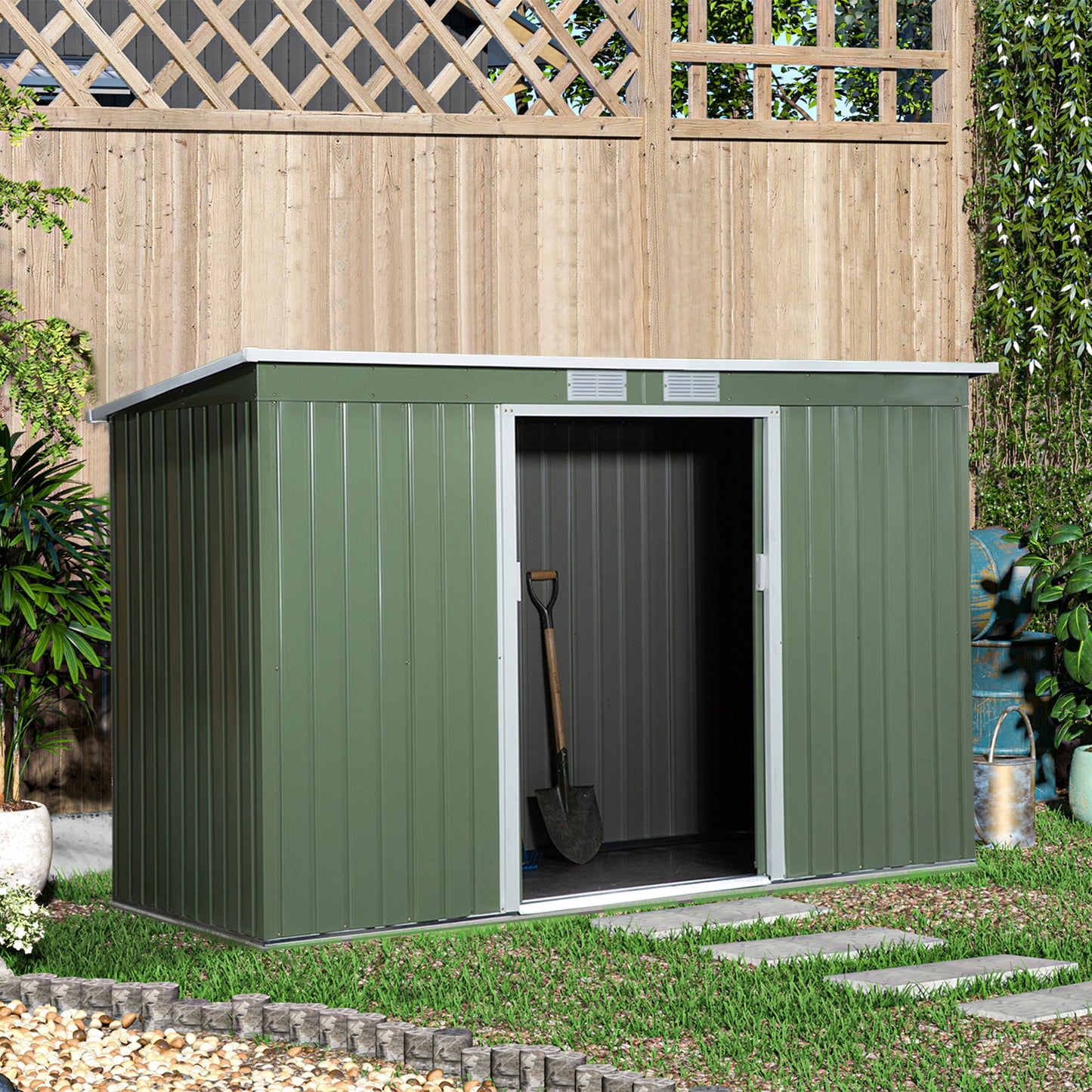 9' x 4' Garden Metal Storage Shed Outdoor Equipment Tool Box with Foundation Ventilation &; Doors, Light Green Sheds   at Gallery Canada