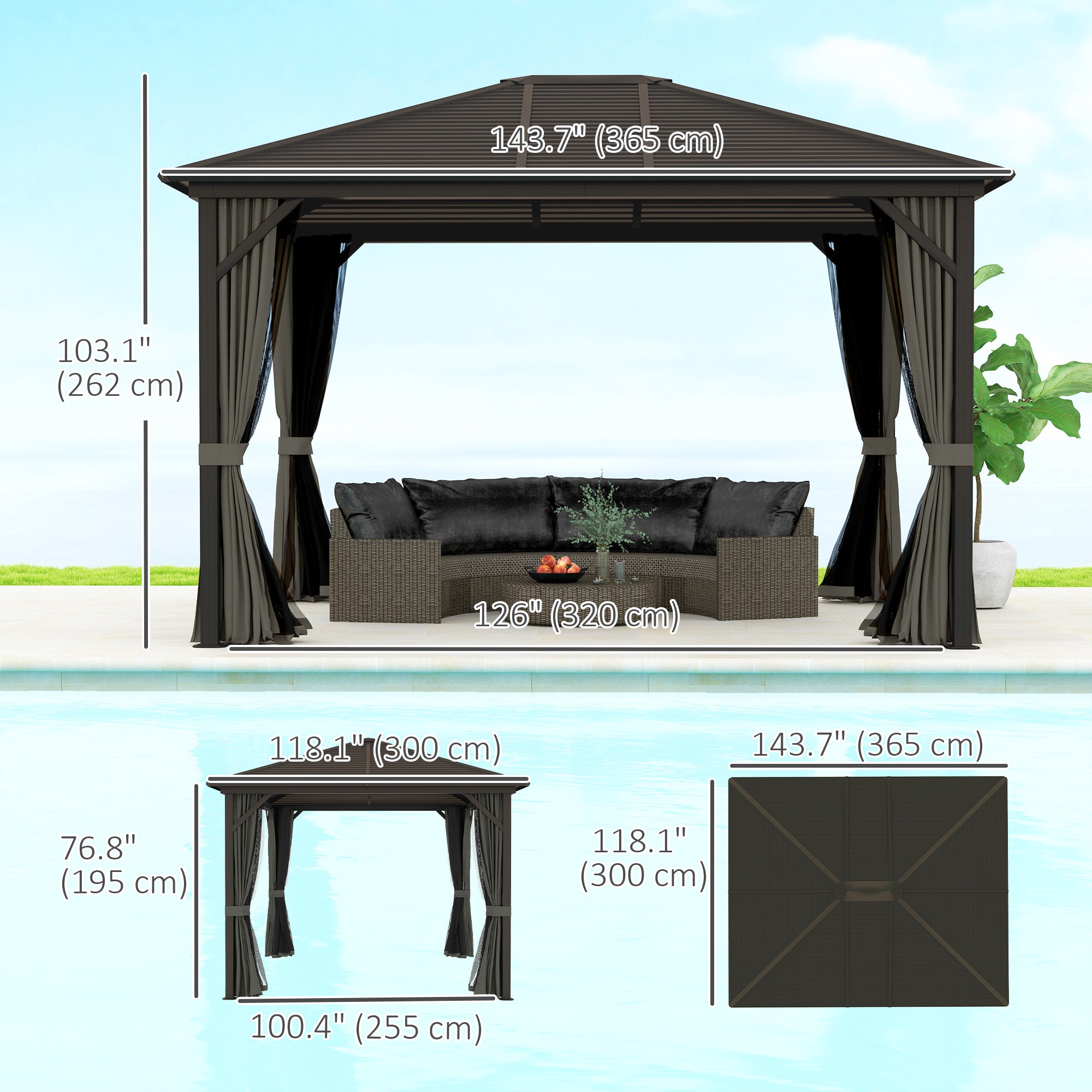 10' x 12' Deluxe Hardtop Gazebo with Metal Roof, Aluminum Frame Patio Gazebo Garden Sun Shelter Outdoor Pavilion with Curtains and Netting, Grey Gazebos at Gallery Canada