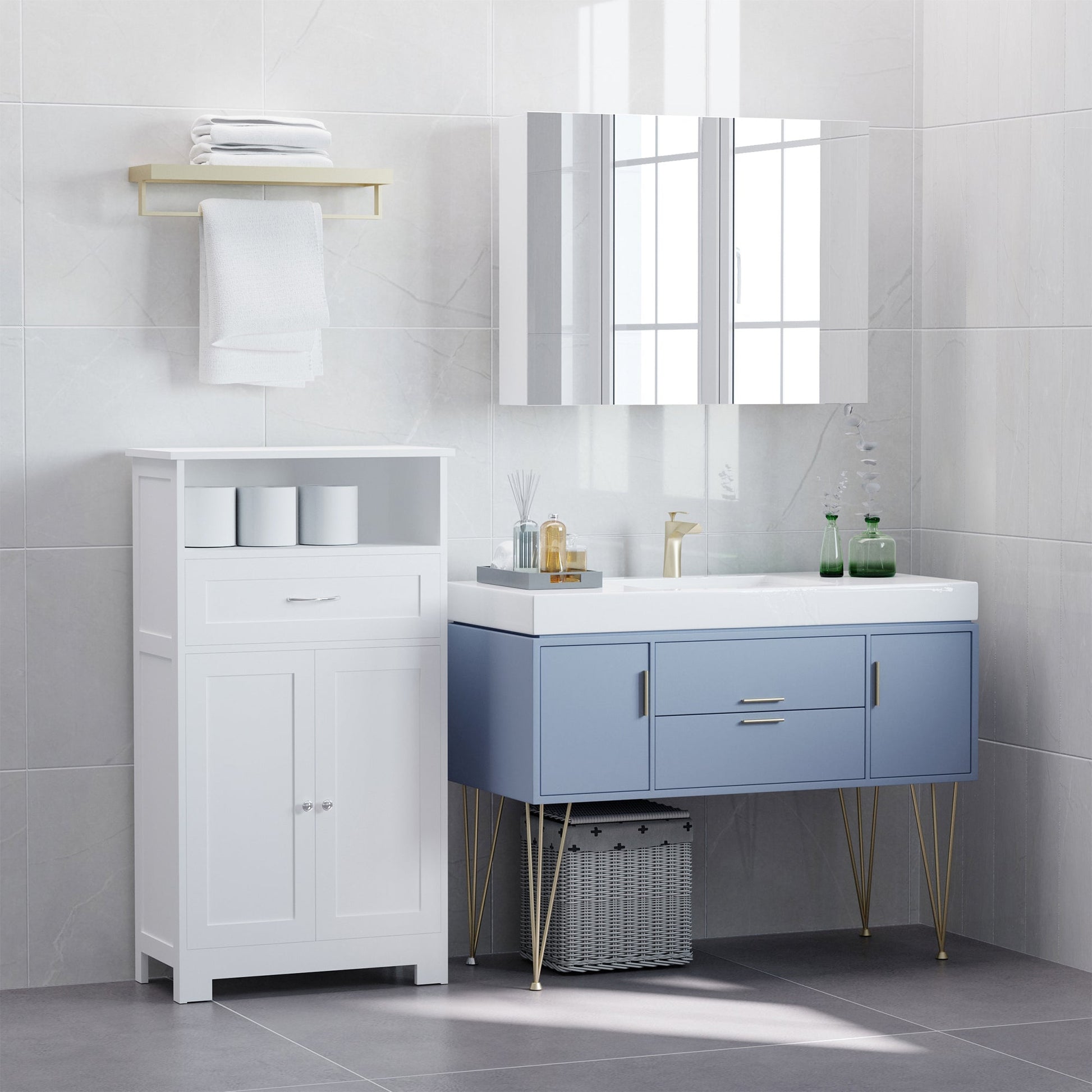 Bathroom Floor Cabinet Freestanding Cabinet with Storage Shelf, Drawer and Adjustable Shelf, White Bathroom Cabinets   at Gallery Canada