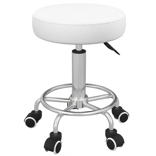 Salon Stool with Adjustable Height, PU Leather Barber Rolling Massage Tattoo Chair for Bar Beauty SPA, White