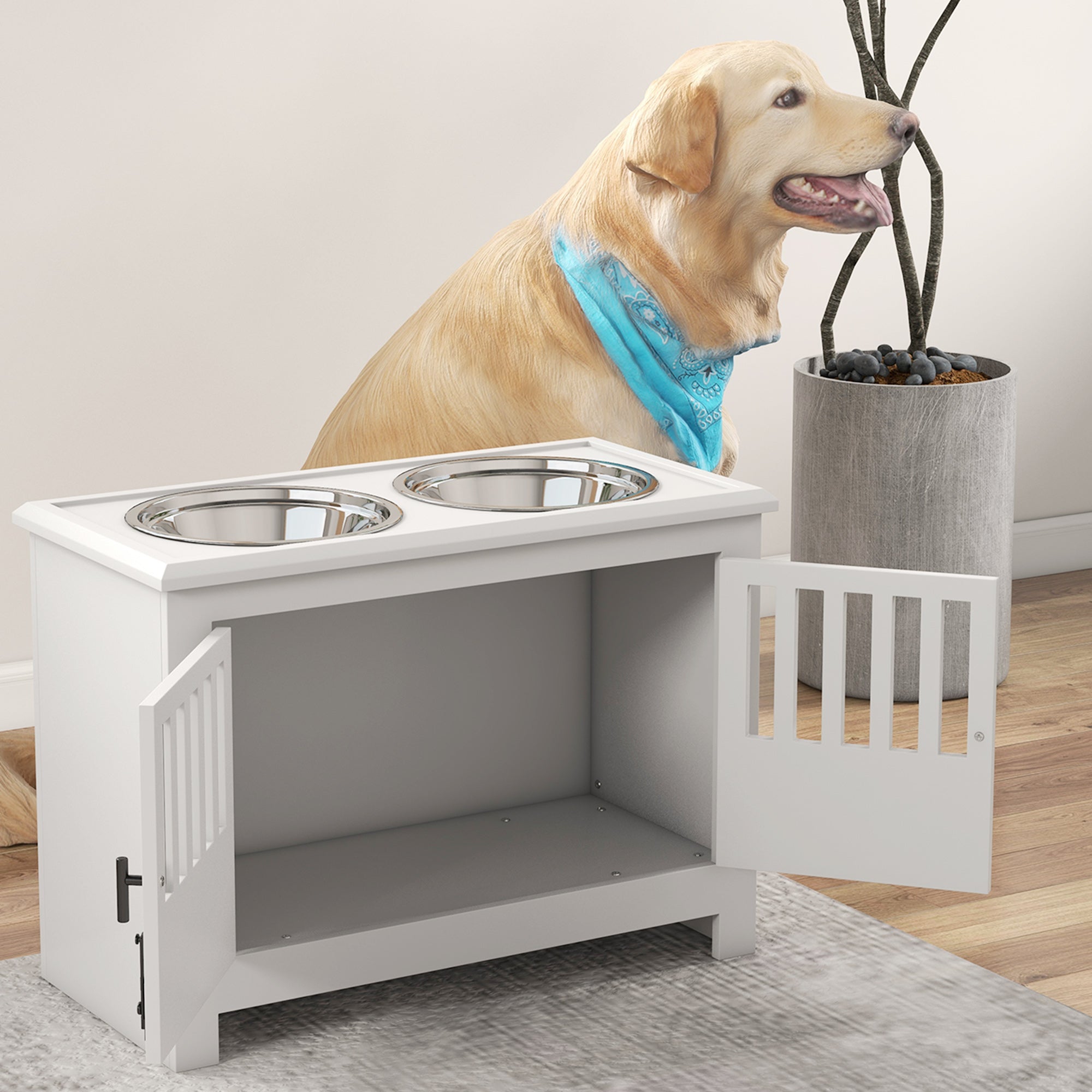 Raised Dog Bowls with 2 Stainless Bowls, Storage, for XL Dogs, White Dog Bowls at Gallery Canada
