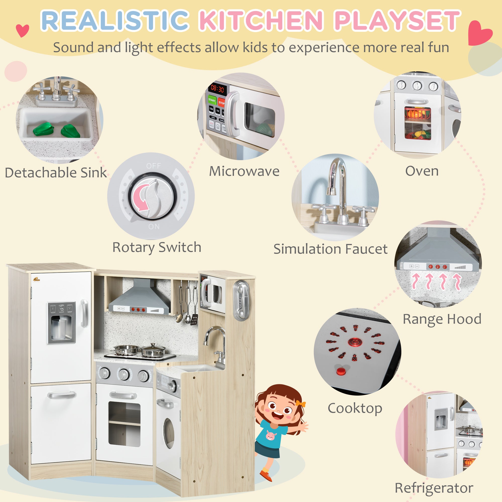 Wooden Play Kitchen with Lights Sounds, Corner Kids Kitchen Playset with Play Phone, Ice Maker, Microwave, Range Hood, Refrigerator, Utensils, Gift for Ages 3-6 Years Old, White Play Kitchen at Gallery Canada