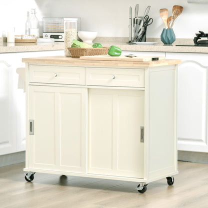 Rolling Kitchen Island, Kitchen Cart on Wheels with Rubberwood Top, 2 Drawers, Towel Rack, Cream White Kitchen Islands & Kitchen Carts   at Gallery Canada