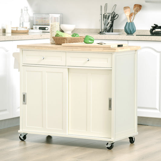 Rolling Kitchen Island, Kitchen Cart on Wheels with Rubberwood Top, 2 Drawers, Towel Rack, Cream White Kitchen Islands & Kitchen Carts Cream  at Gallery Canada